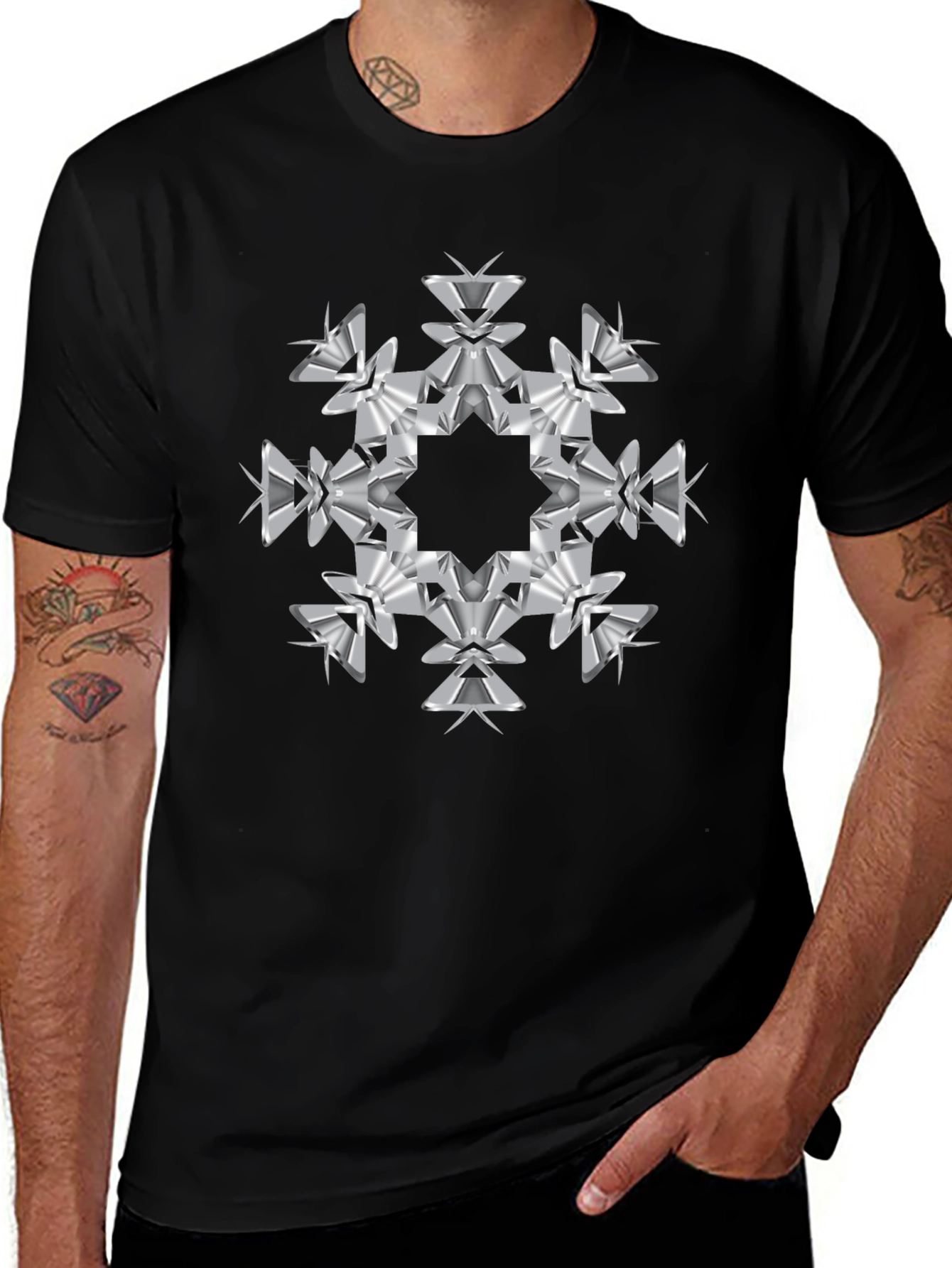 Variant 7 of Geometric Snowflake Graphic Tee - Black Cotton