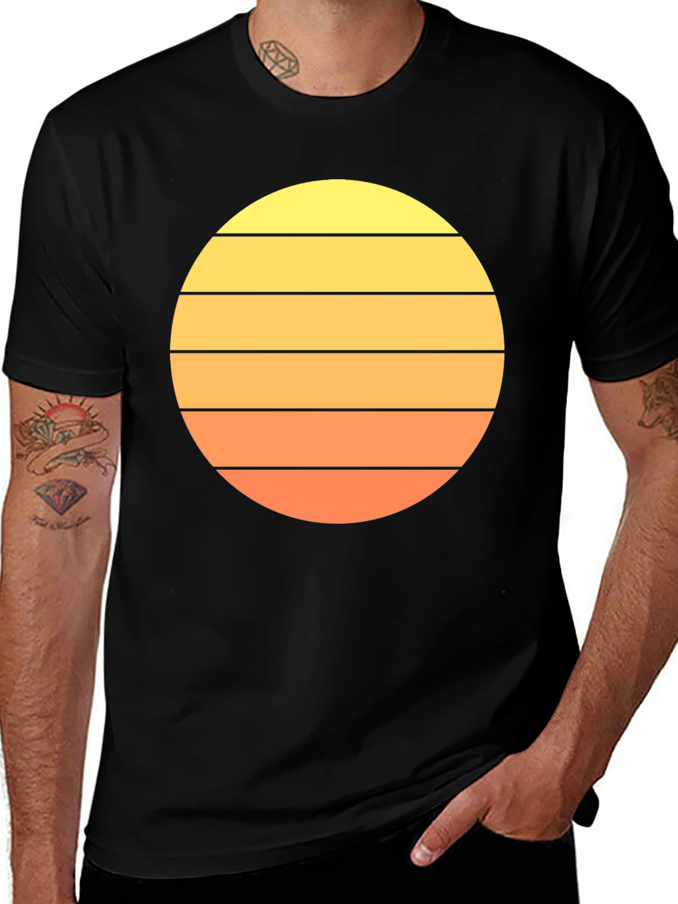 Variant 9 of Retro Sunset Striped T-Shirt - Men's Black Tee