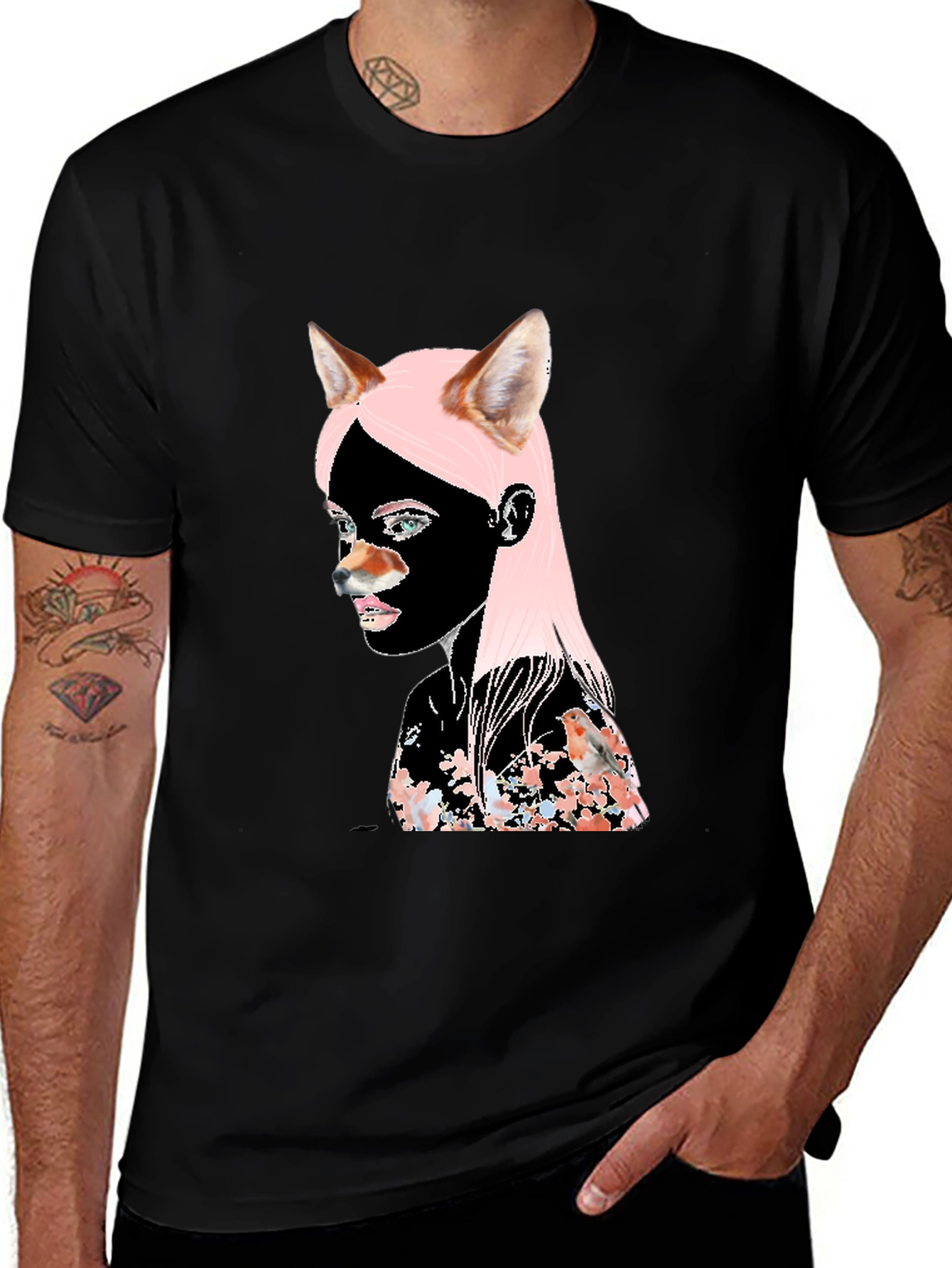 Variant 10 of Artistic Fox Girl Print Black T-Shirt