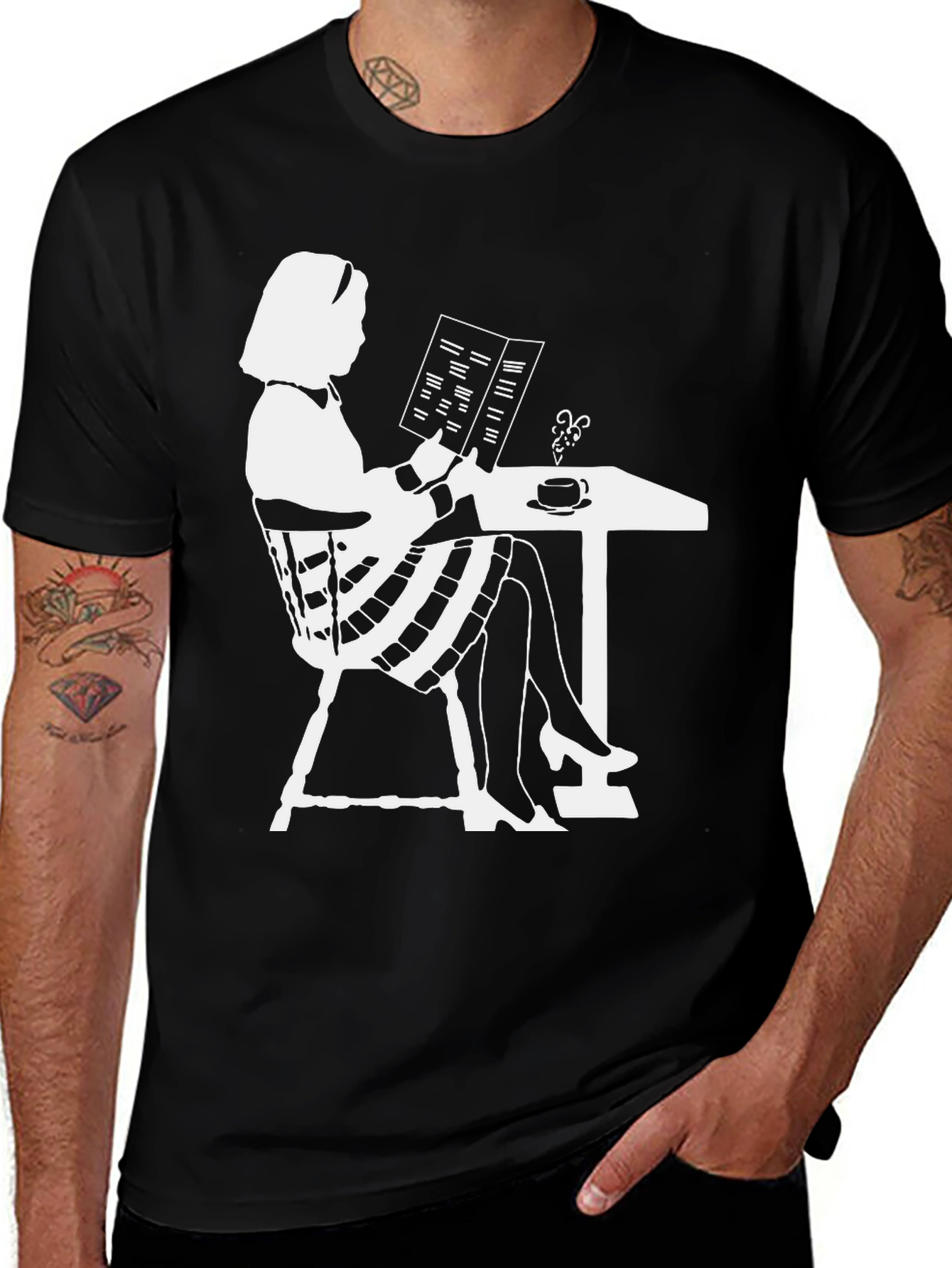 Chic Silhouette Tee: Woman Reading at Cafe