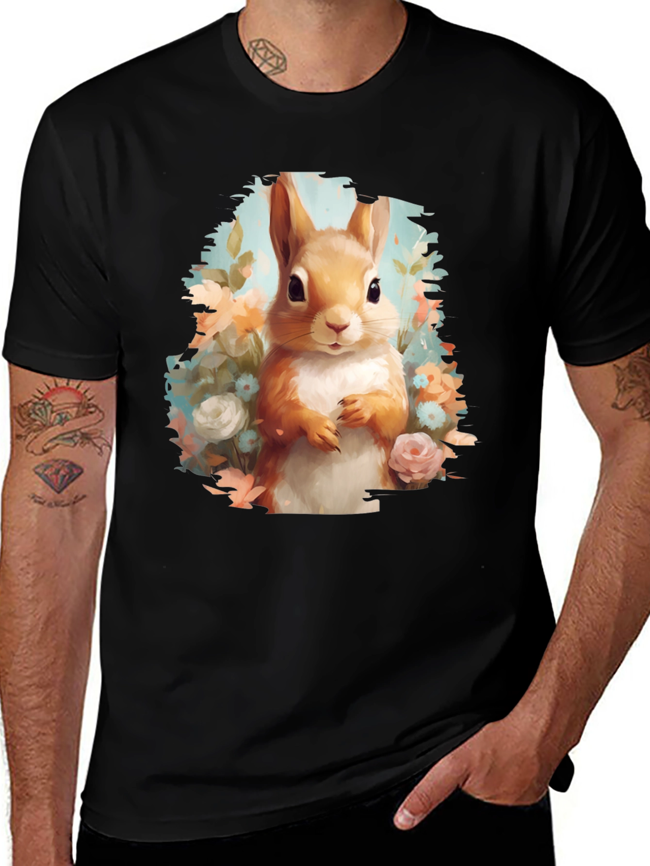 Variant 10 of Squirrel Floral Graphic Tee - Black Unisex T-Shirt