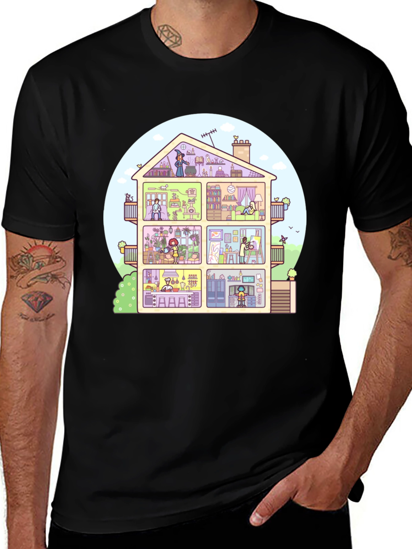 Variant 10 of Cartoon House T-Shirt - Black