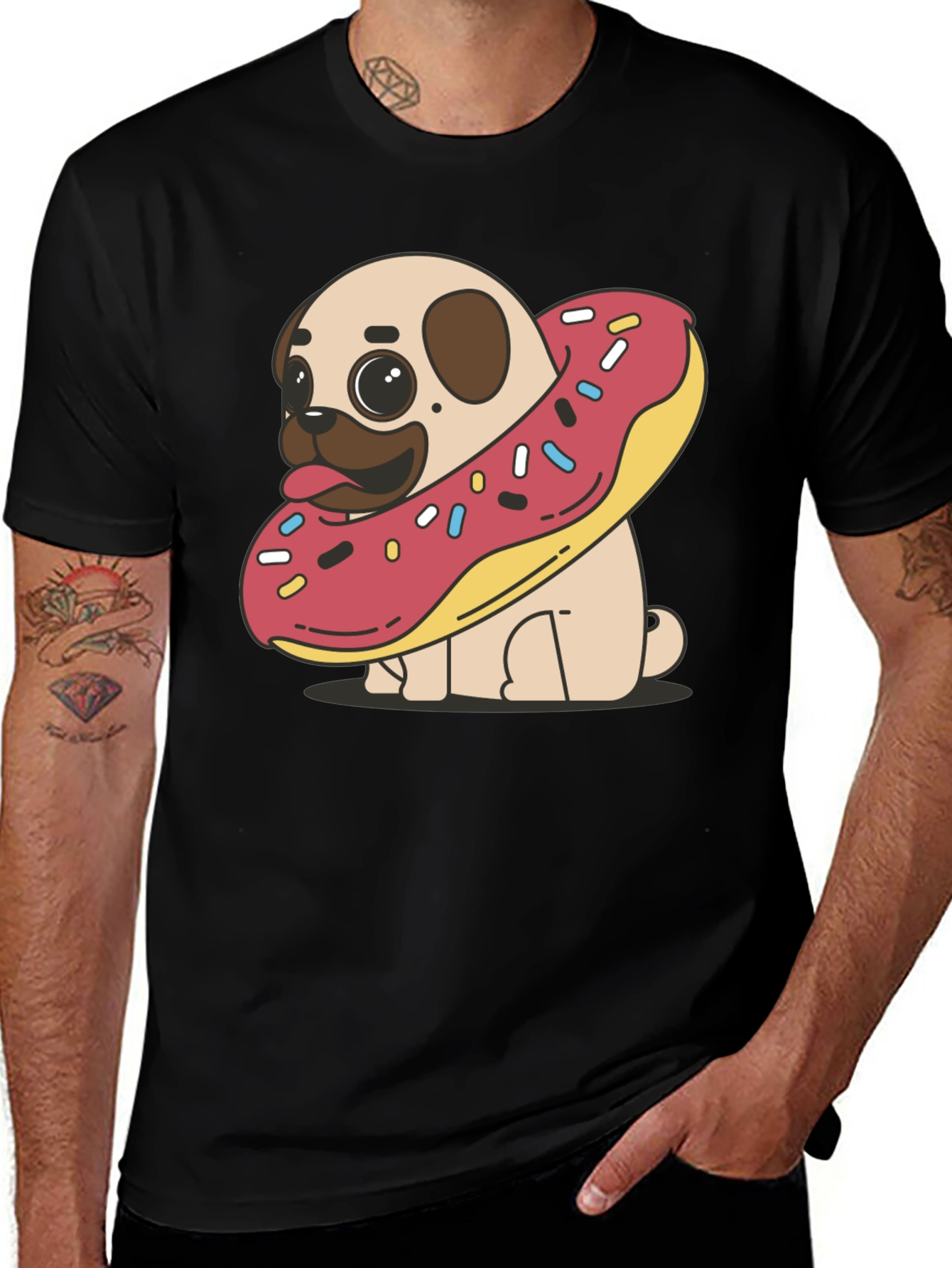 Variant 14 of Dog Donut T-Shirt: Cute Cartoon Pug in a Donut!