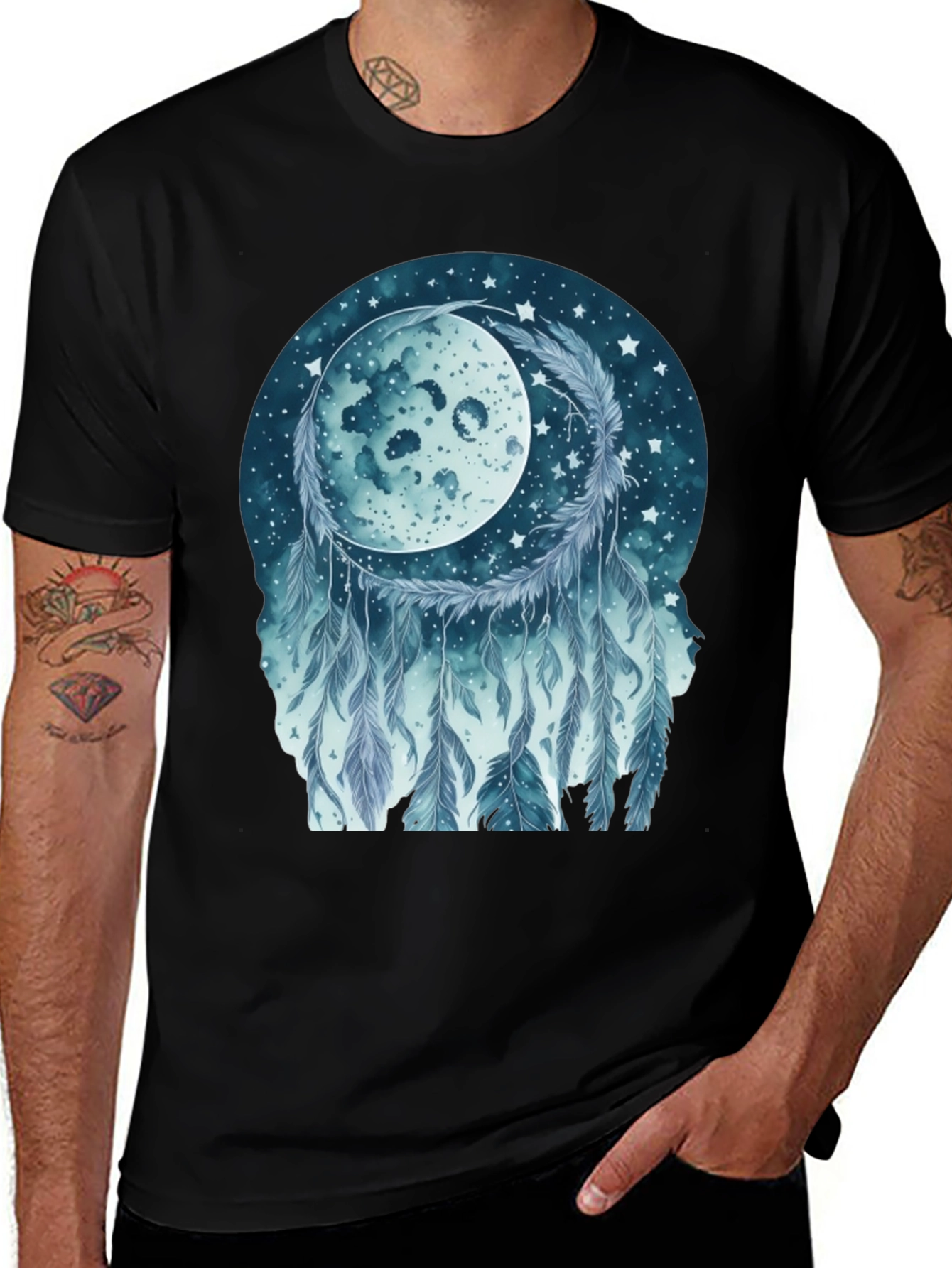 Variant 21 of Dreamy Moon & Feather Graphic Tee - Black Cotton Shirt