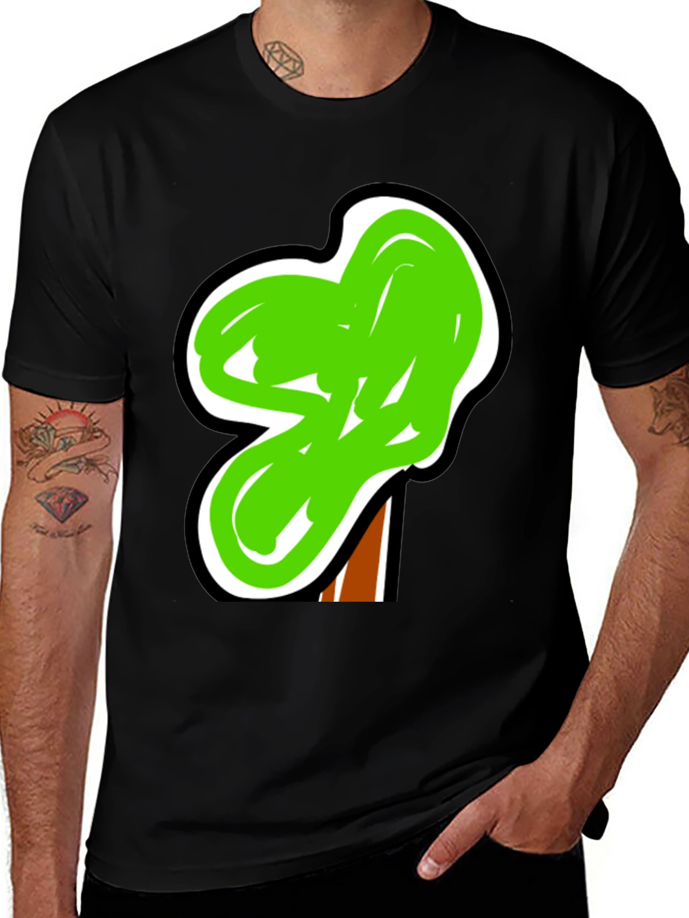 Funky Green Tree Graphic Black Tee