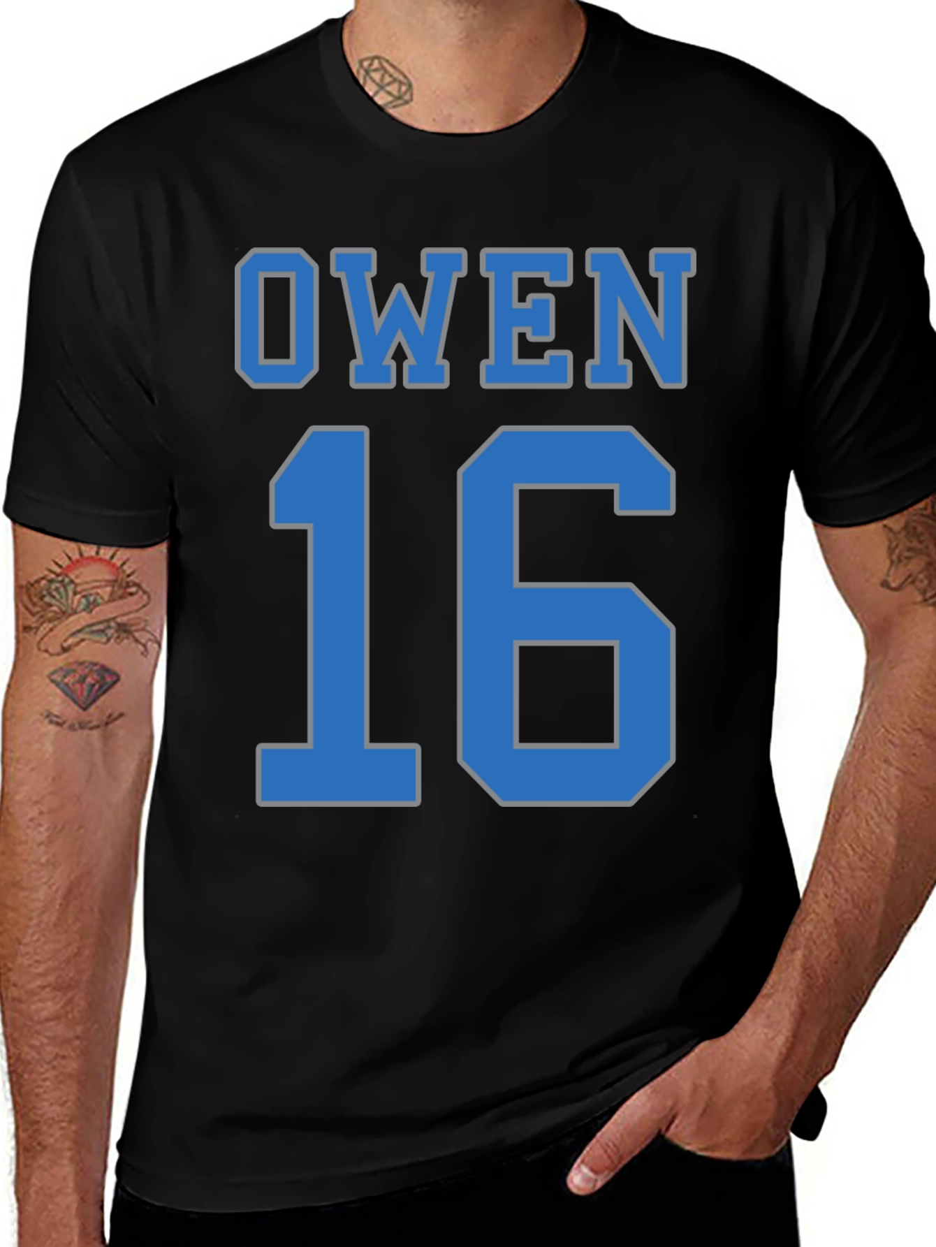 Owen 16 T-Shirt - Black Tee with Blue Lettering