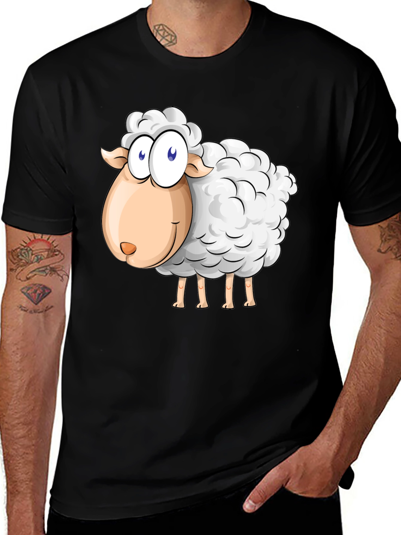 Variant 20 of Cartoon Sheep Graphic Black T-Shirt