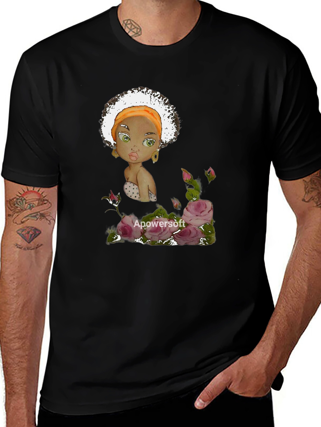 Variant 17 of Unique Graphic Tee: Afro Girl with Roses - Soft Black Cotton