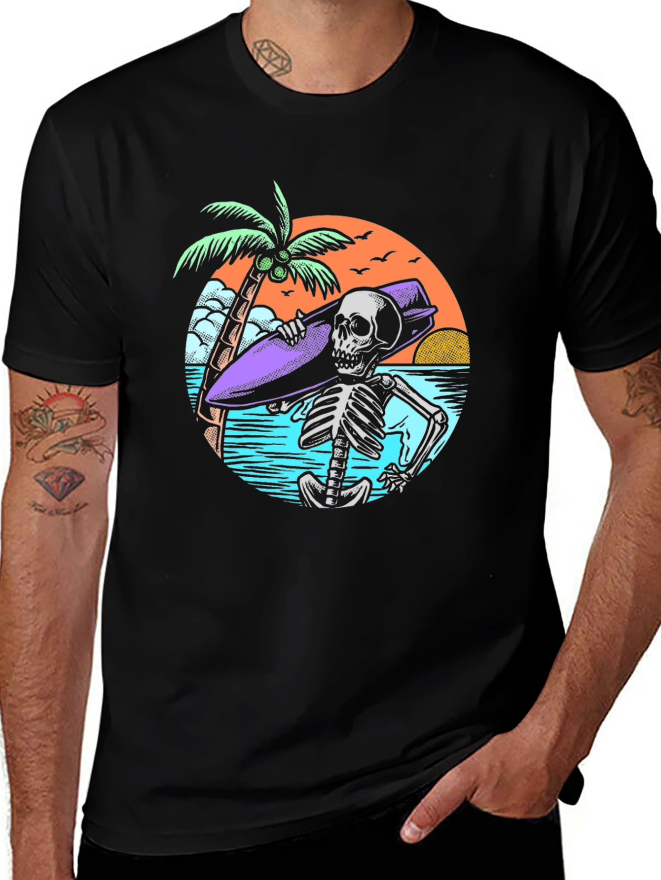 Variant 25 of Skeleton Surfer Graphic Tee - Beach Vibes!