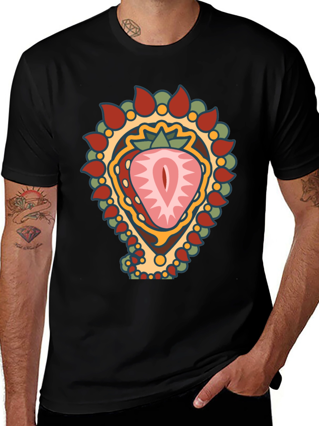 Variant 4 of Strawberry Mandala Graphic Tee - Black Cotton Blend