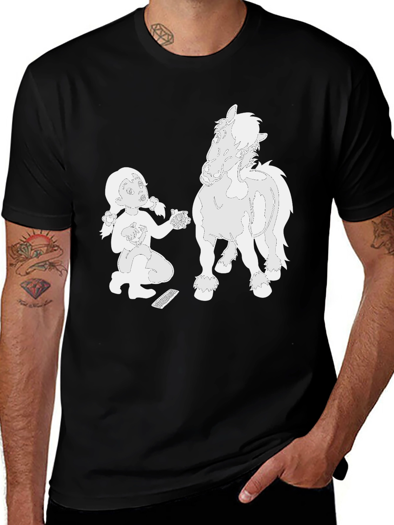 Variant 22 of Cartoon Girl and Horse Black T-Shirt