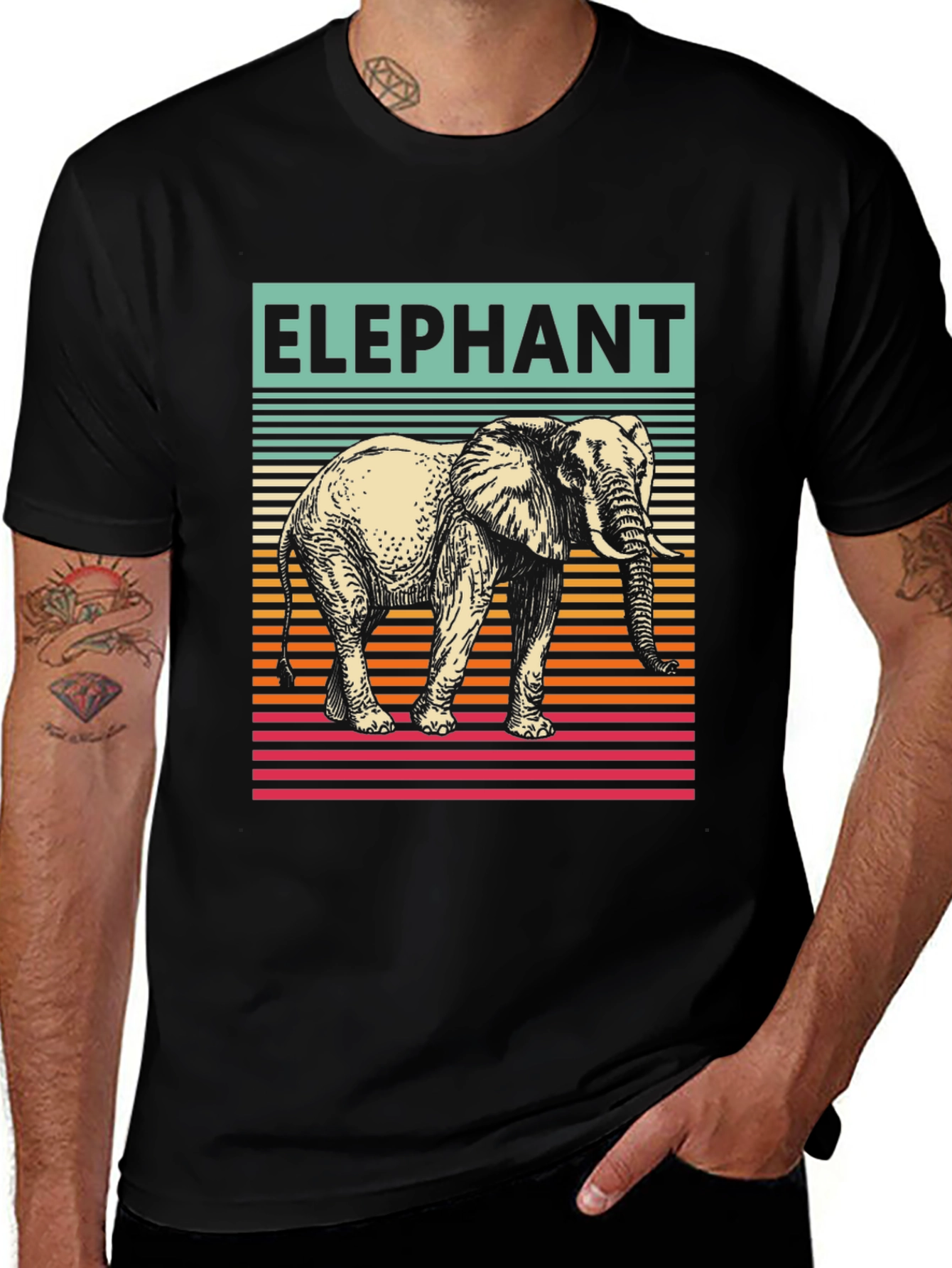 Variant 19 of Elephant Graphic T-Shirt - Striped Retro Design