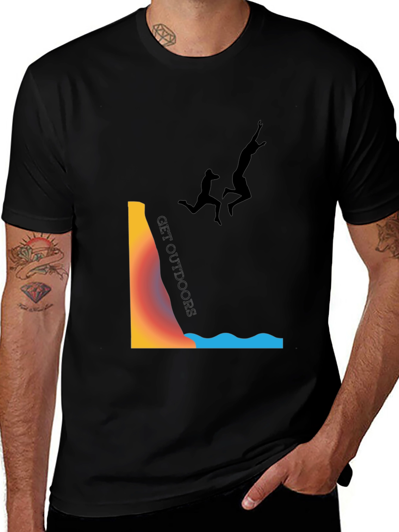 Variant 11 of Get Outdoors Black T-Shirt - Cliff Jump Design