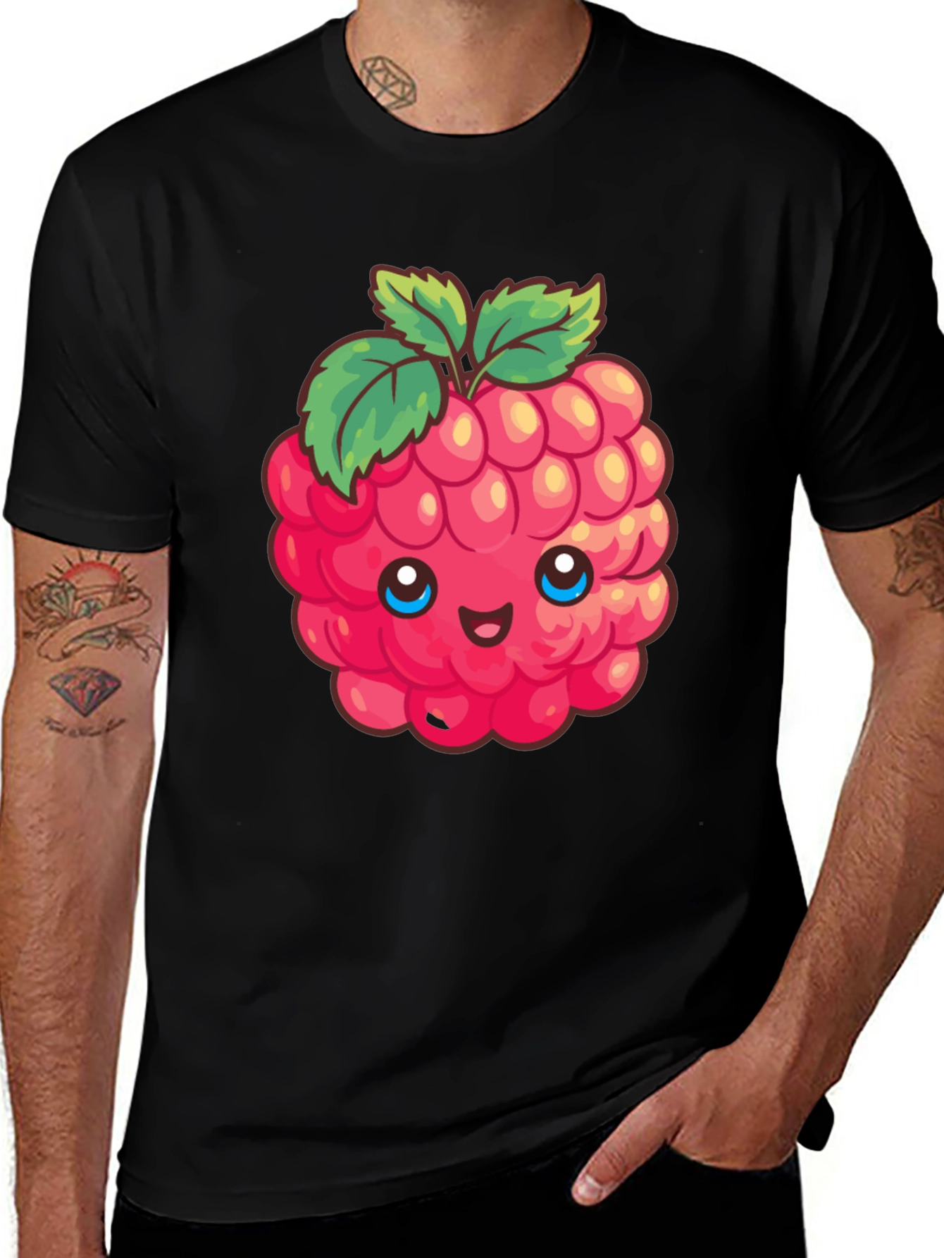 Variant 15 of Cute Raspberry Graphic Tee - Black Cotton T-Shirt
