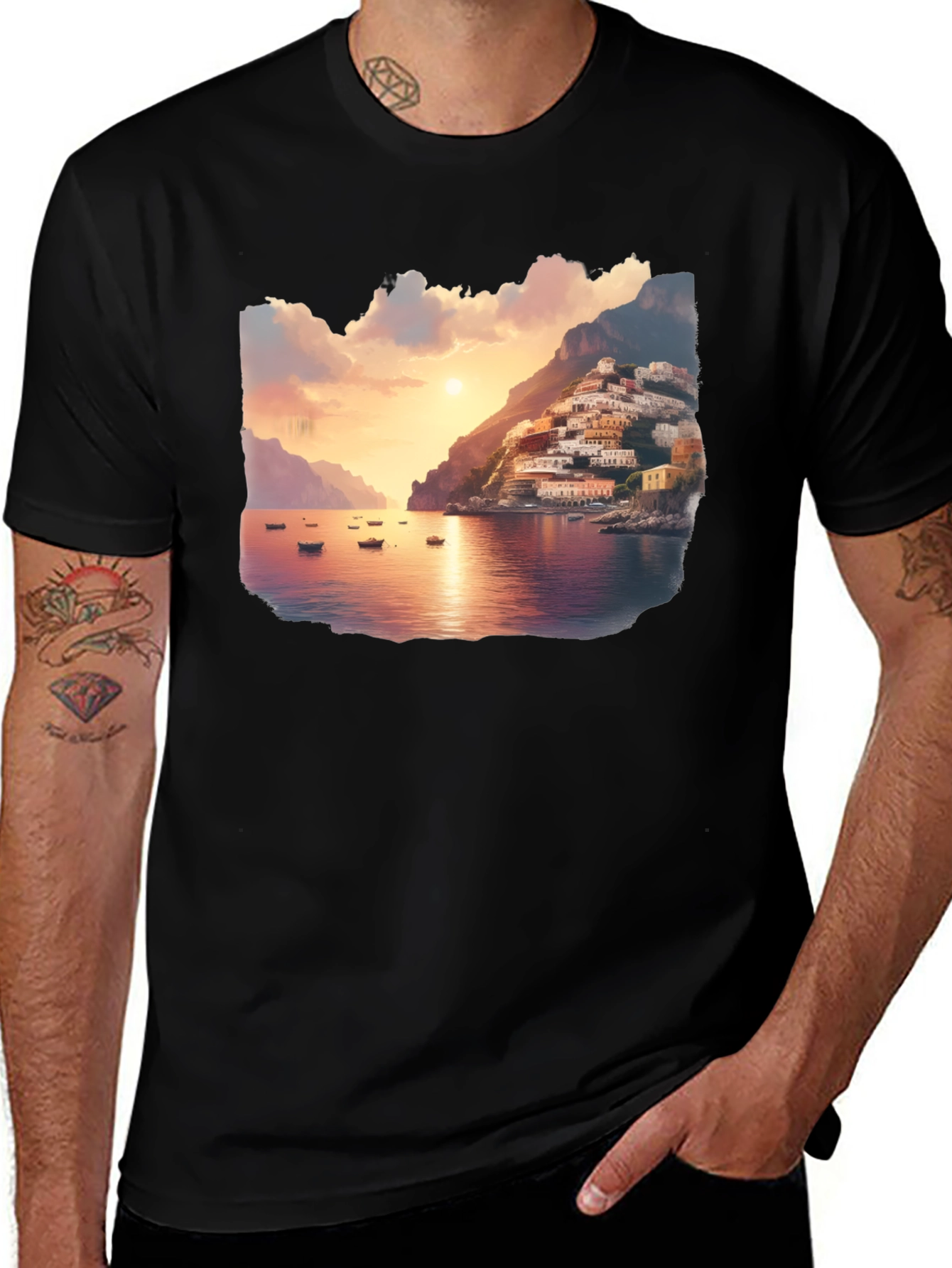 Variant 19 of Coastal Town Graphic Tee - Men's Black T-Shirt