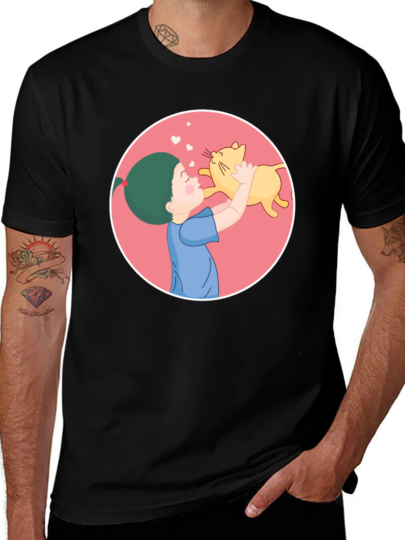 Variant 29 of Cute Girl & Cat Graphic Tee - Unisex Black T-Shirt