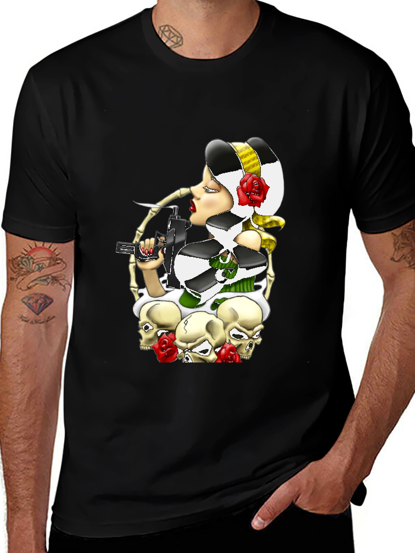 Variant 8 of Skull & Rose Tattoo Style Graphic Tee