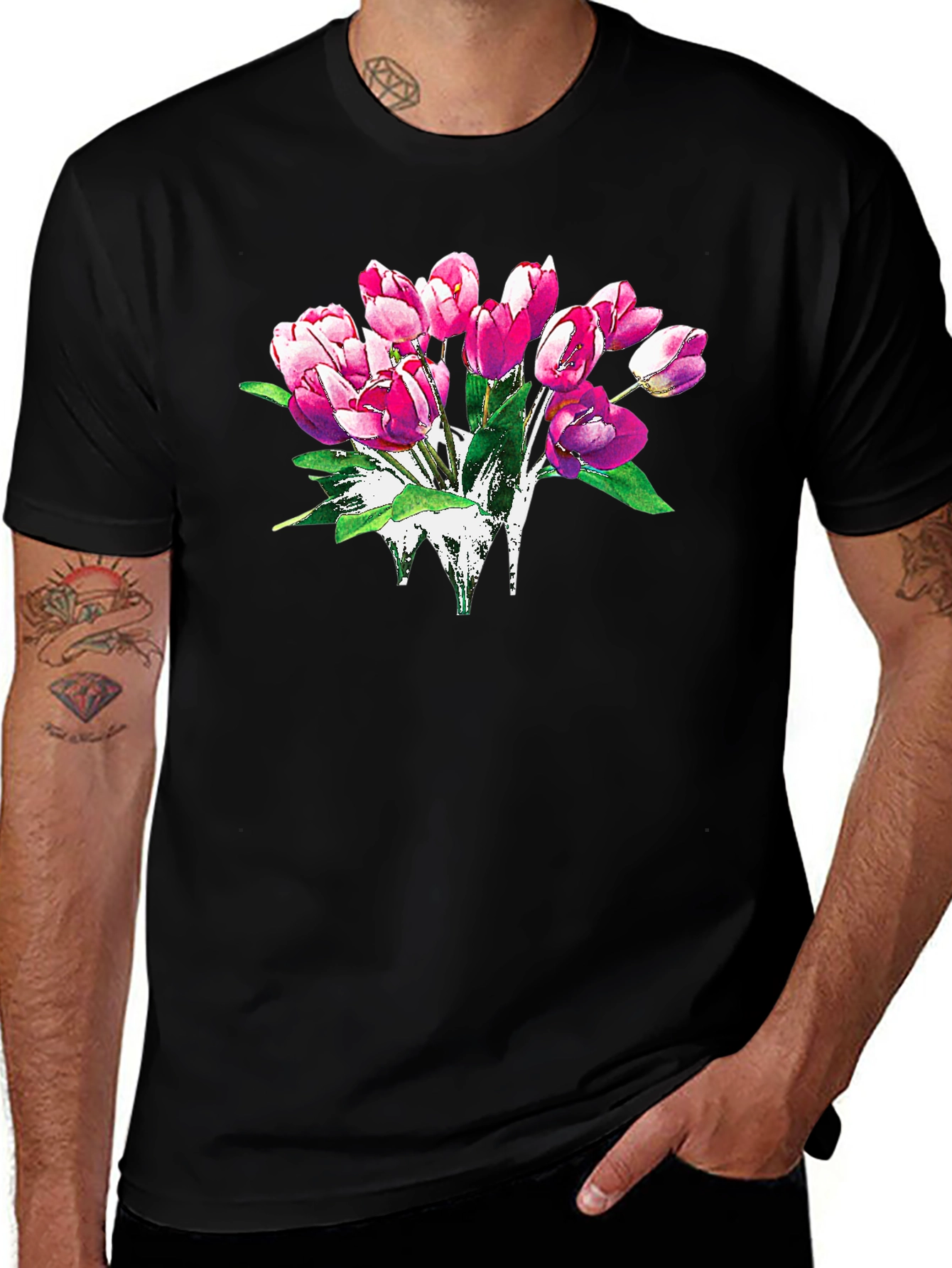 Variant 3 of Floral Tulip Graphic Print Black T-Shirt