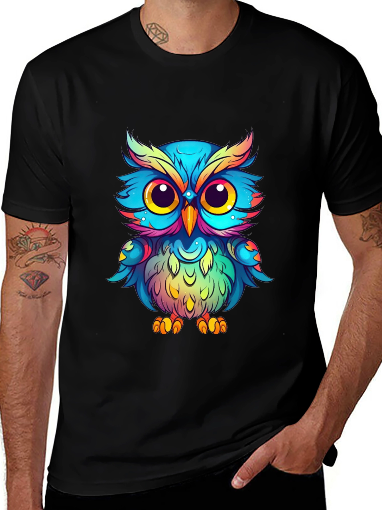 Variant 10 of Colorful Owl Graphic Tee - Black Cotton Blend