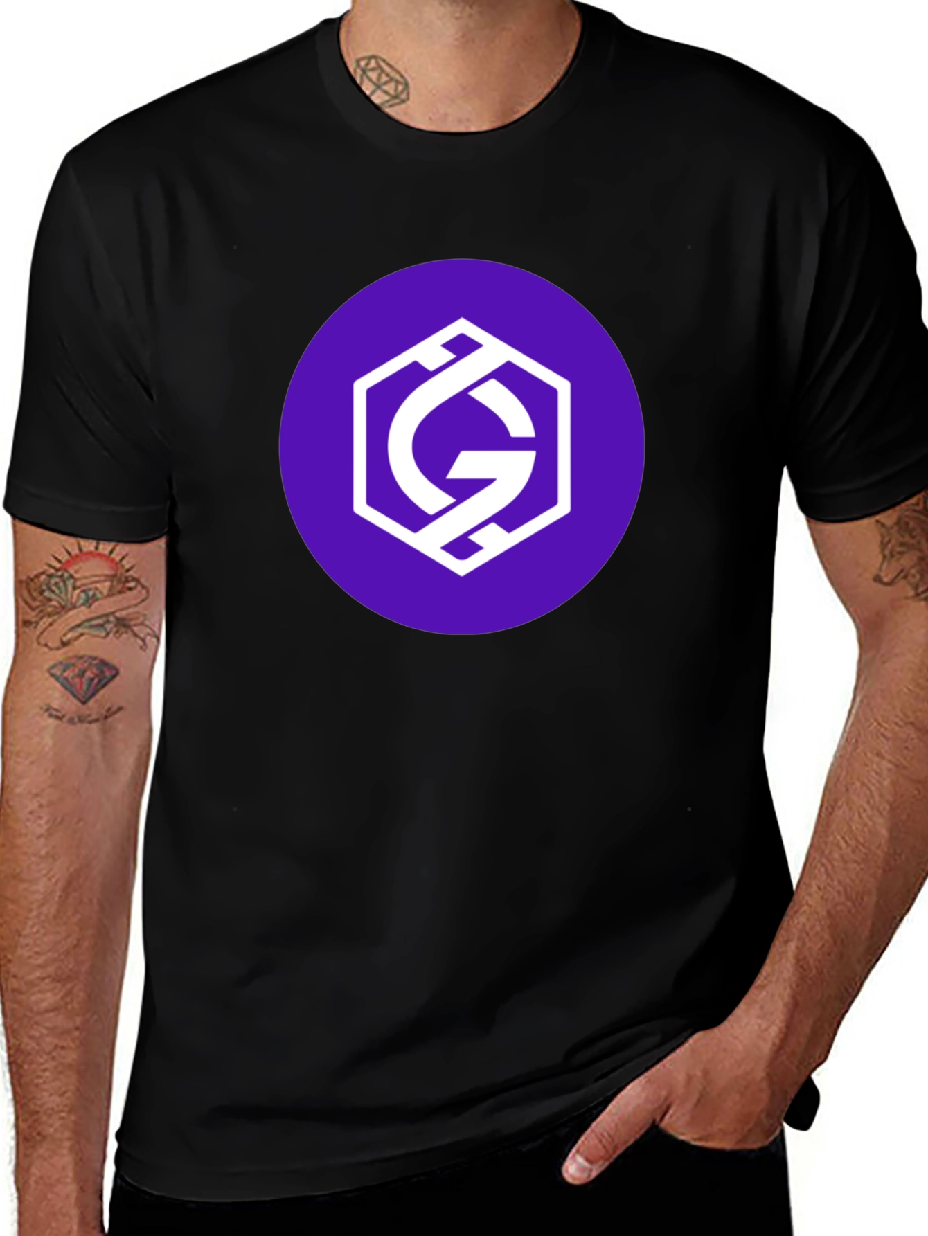Variant 10 of Graphic Tee: Purple & White Hexagon Logo on Black T-Shirt