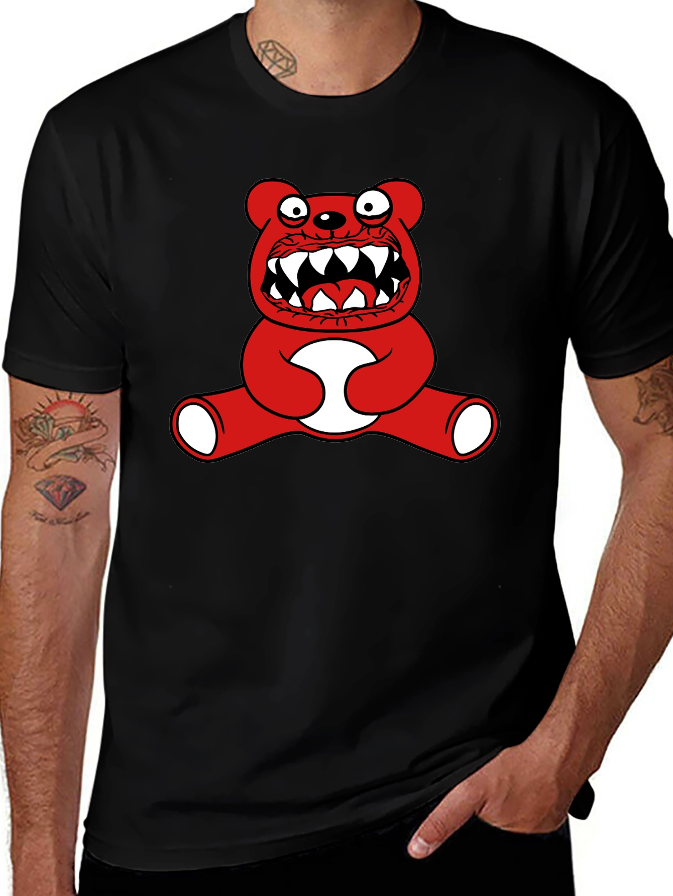 Variant 10 of Red Monster Bear Graphic Tee - Black Cotton Blend