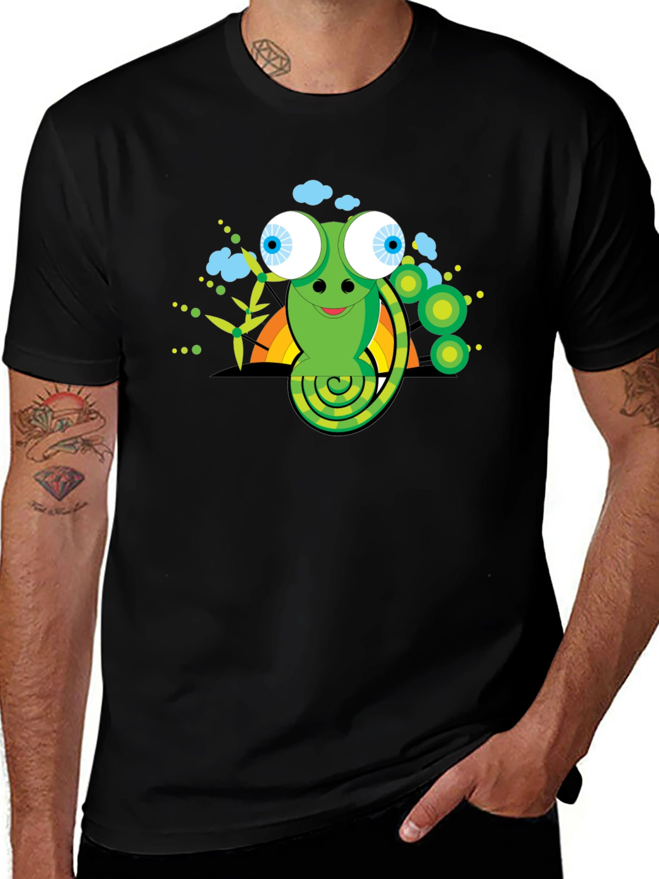 Variant 28 of Cartoon Chameleon Graphic Tee - Black Cotton Shirt