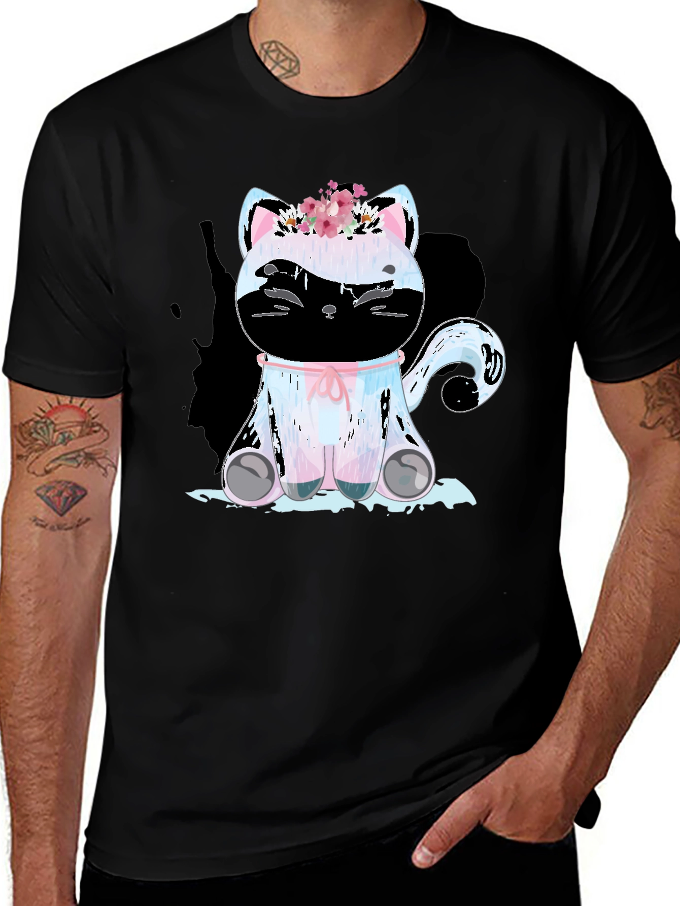 Variant 19 of Cute Cat with Flowers Graphic T-Shirt - Black