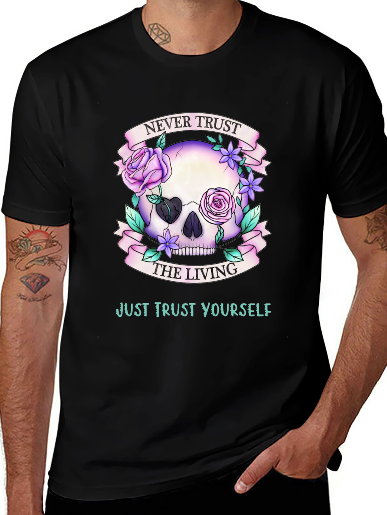 Black Never Trust the Living Skull Graphic T-Shirt main image