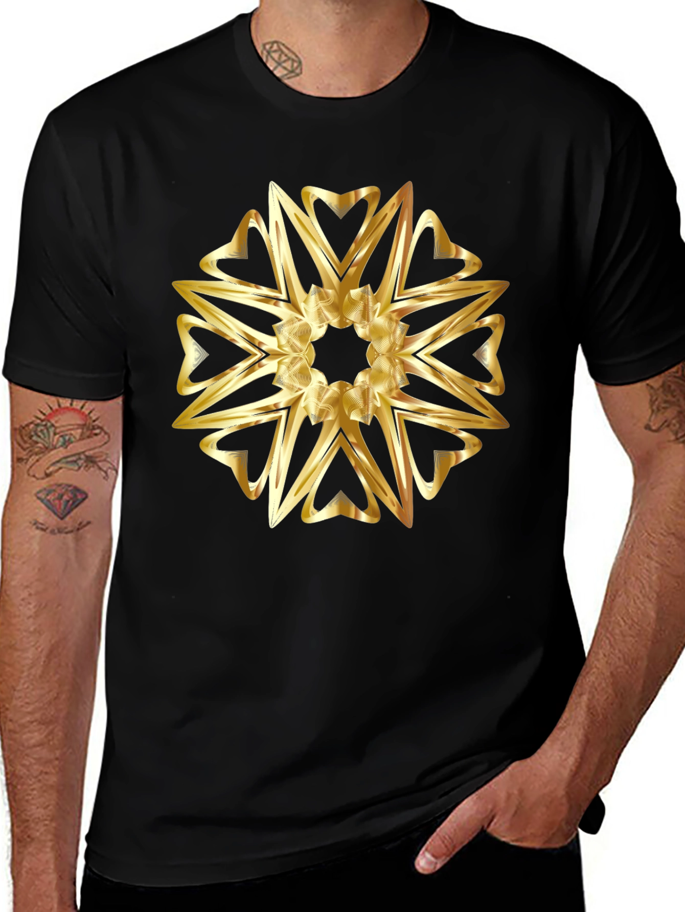 Variant 30 of Golden Heart Mandala Graphic Black T-Shirt