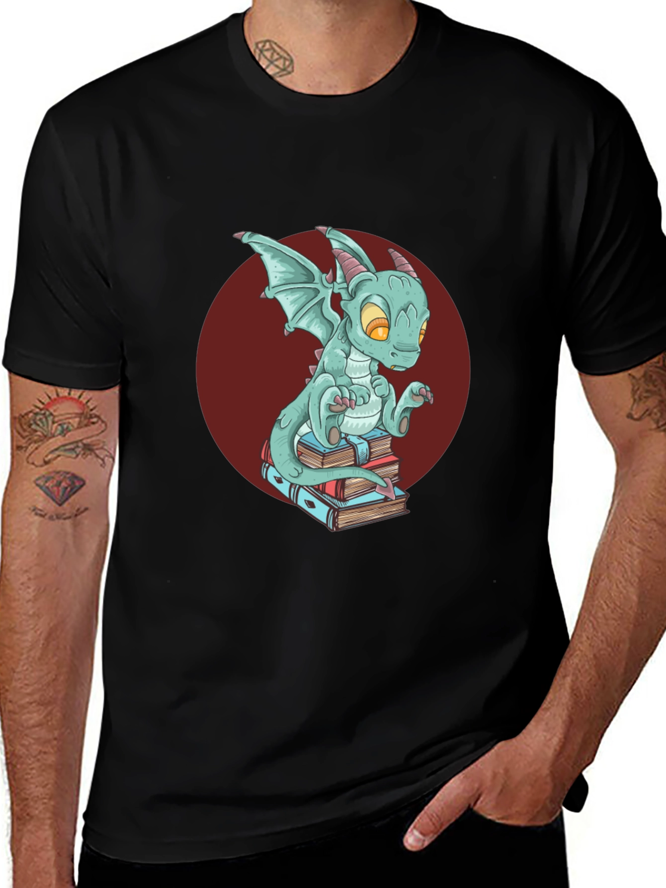 Variant 27 of Dragon on Books T-Shirt - Black Graphic Tee