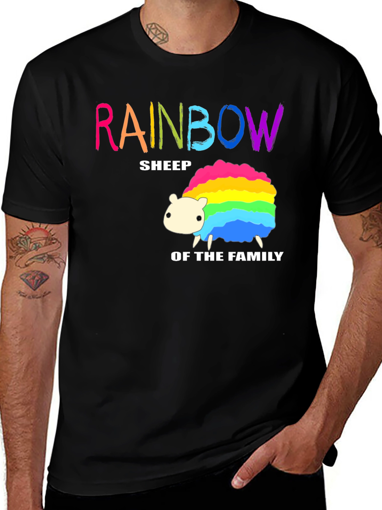 Variant 26 of Rainbow Sheep Family T-Shirt - Black Cotton Graphic Tee