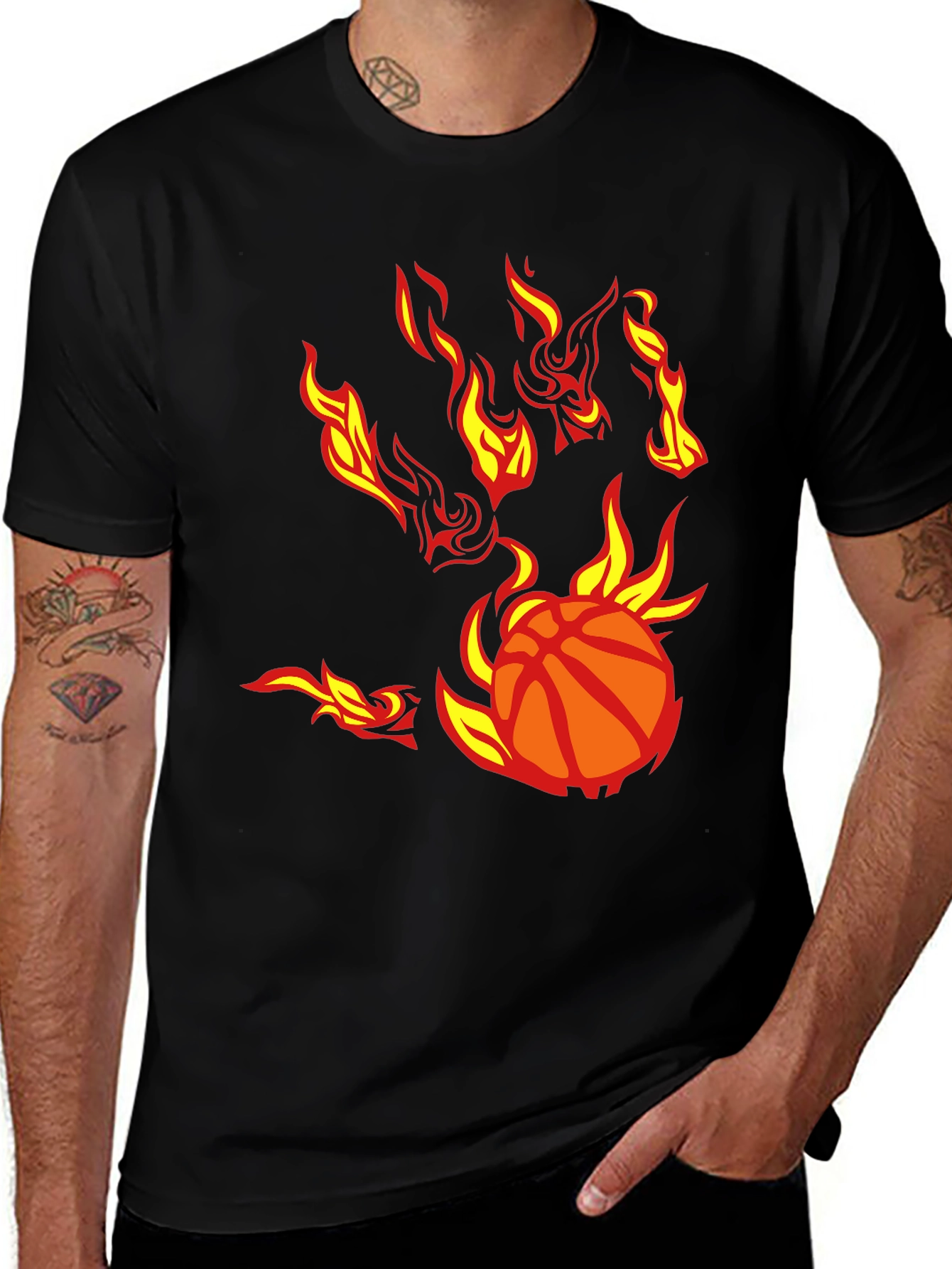 Variant 29 of Flaming Basketball Graphic T-Shirt - Black Cotton Tee