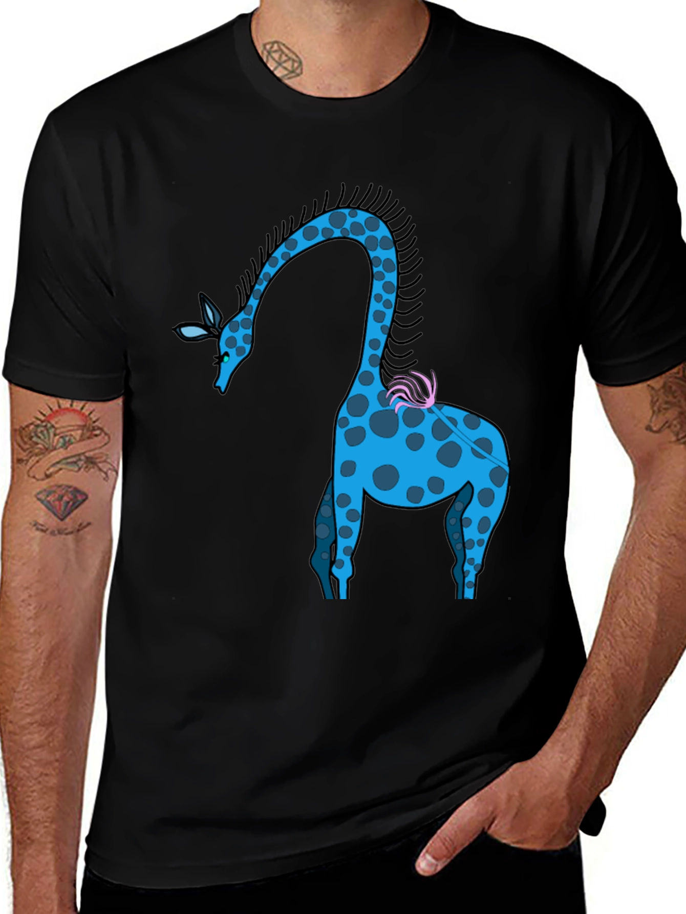 Variant 23 of Whimsical Giraffe Graphic Tee - Black Cotton Blend