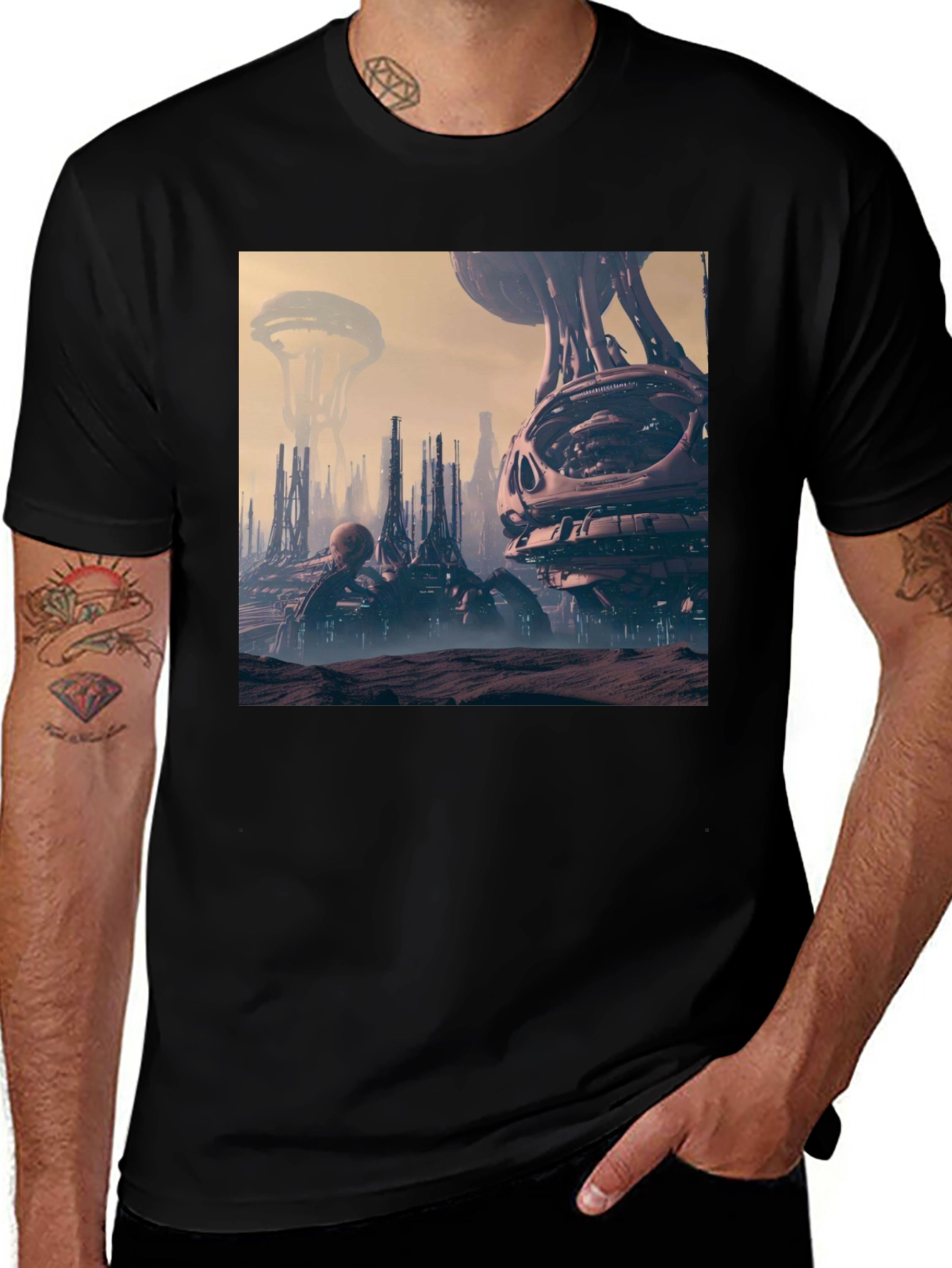 Variant 27 of Sci-Fi Cityscape Graphic Tee - Black Cotton Shirt