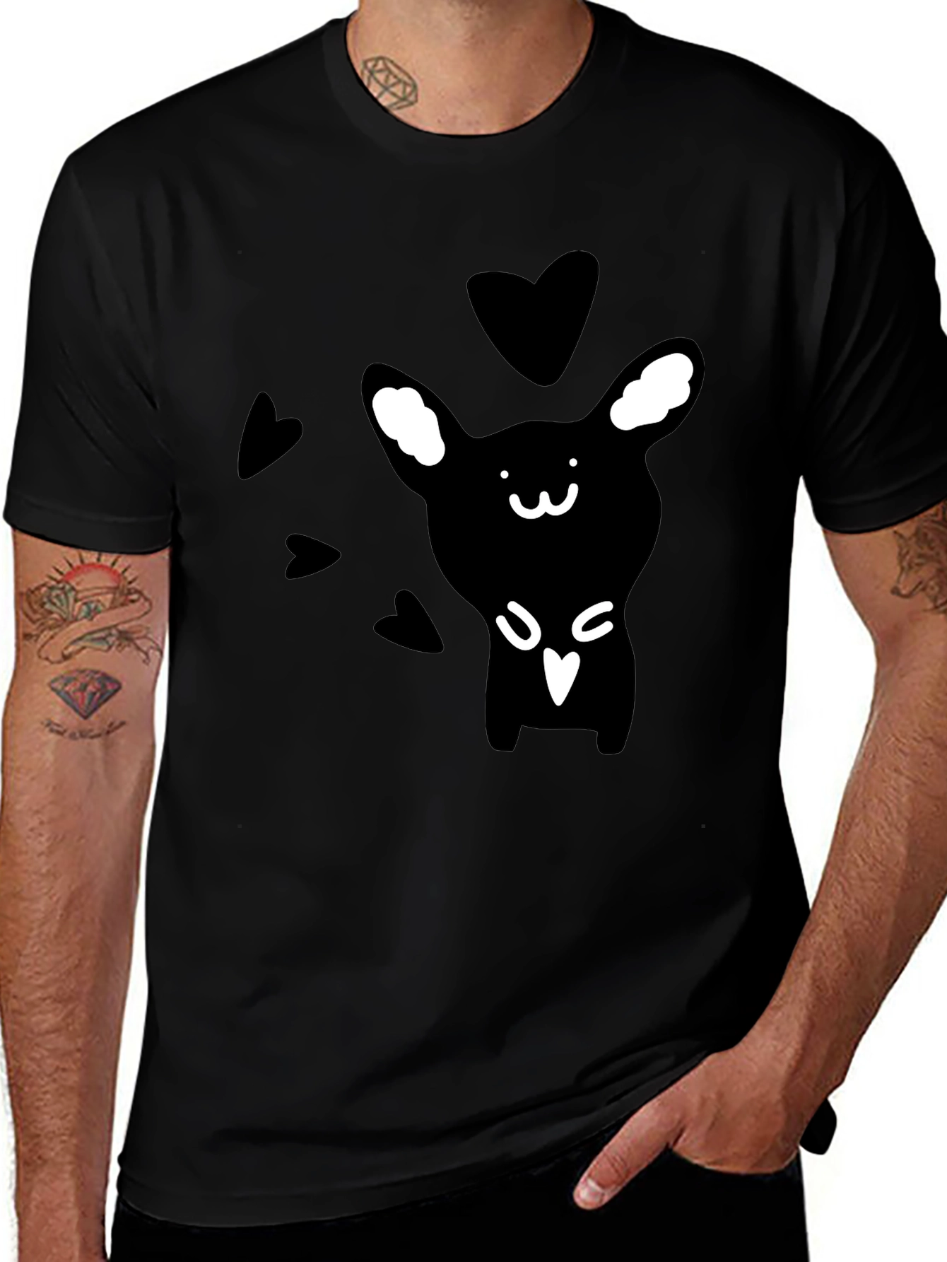 Cute Rabbit Graphic Print Black T-Shirt