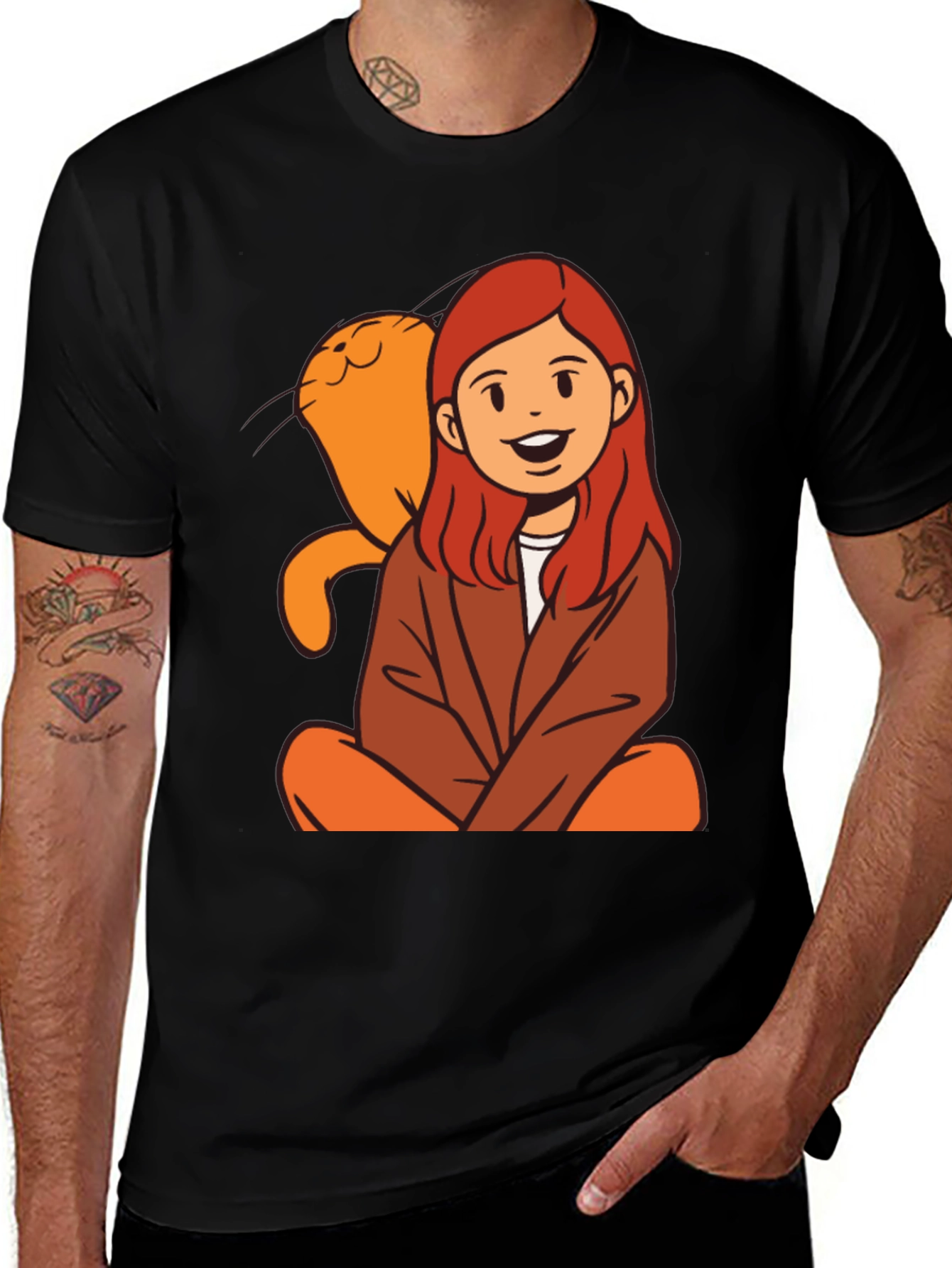 Variant 15 of Cartoon Girl & Cat Graphic Black T-Shirt
