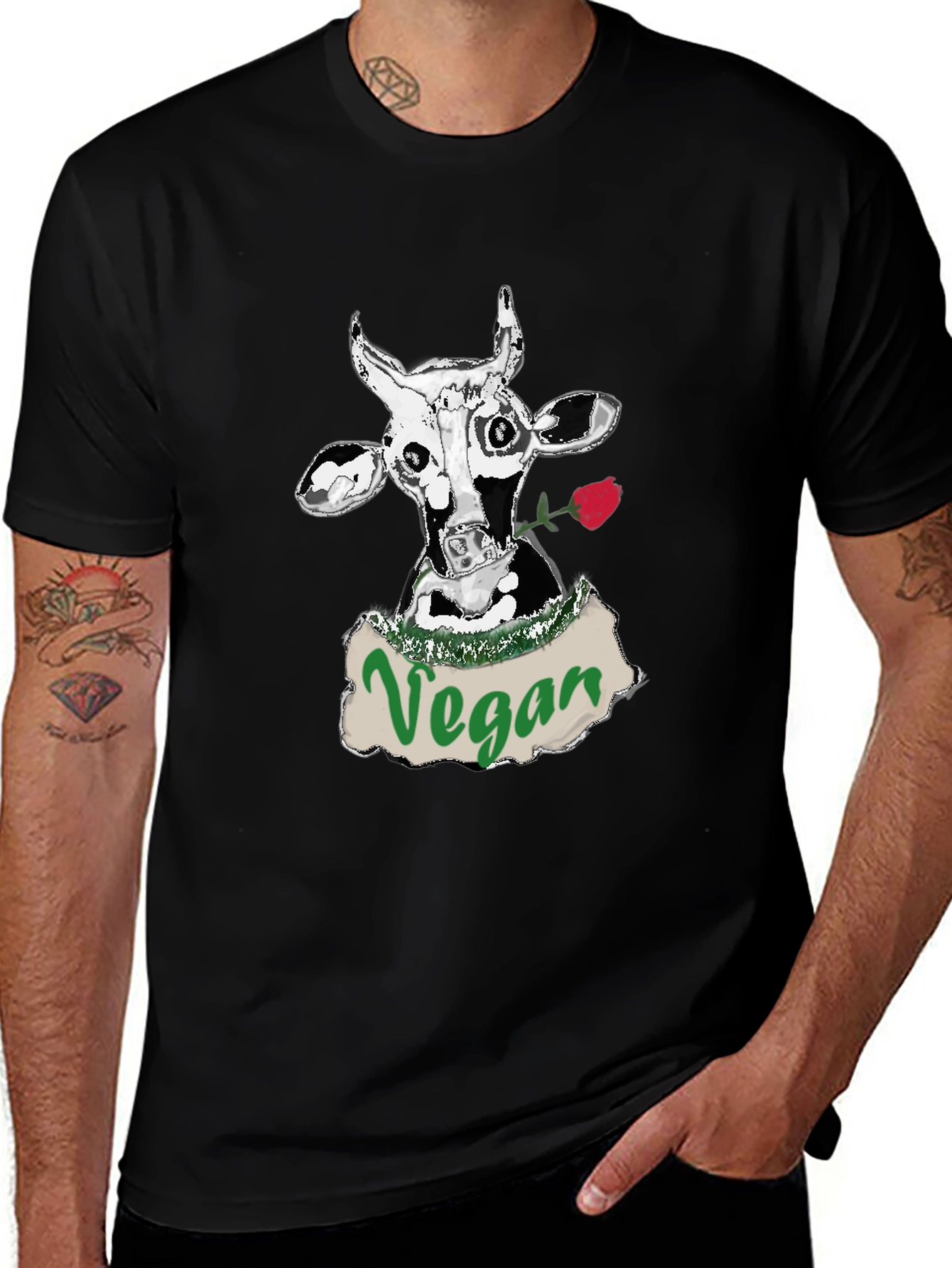 Variant 10 of Vegan Cow Graphic Tee -  Black Cotton T-Shirt
