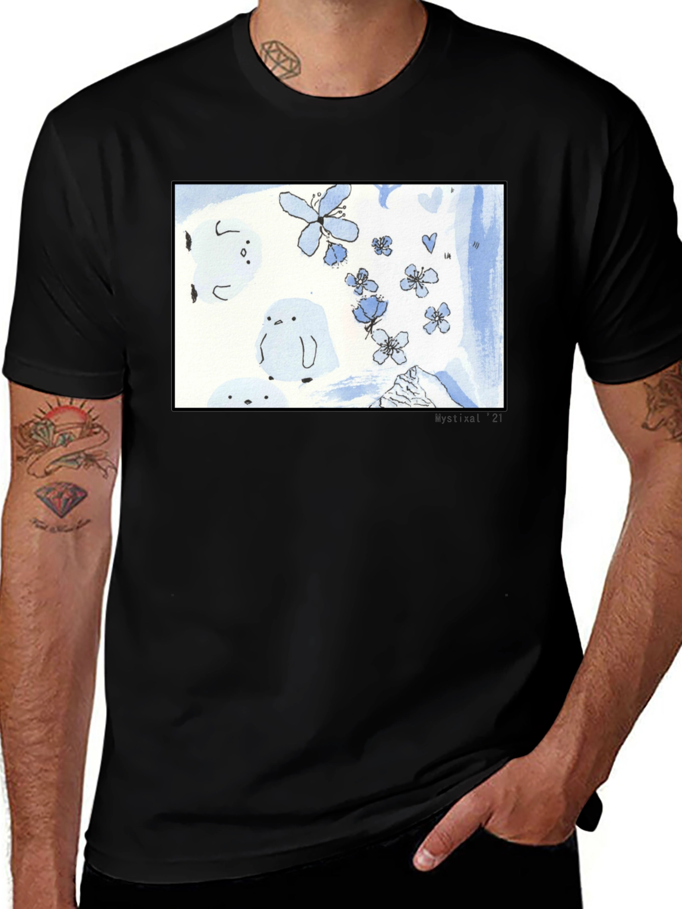 Variant 13 of Artistic Black T-Shirt with Floral Penguin Design