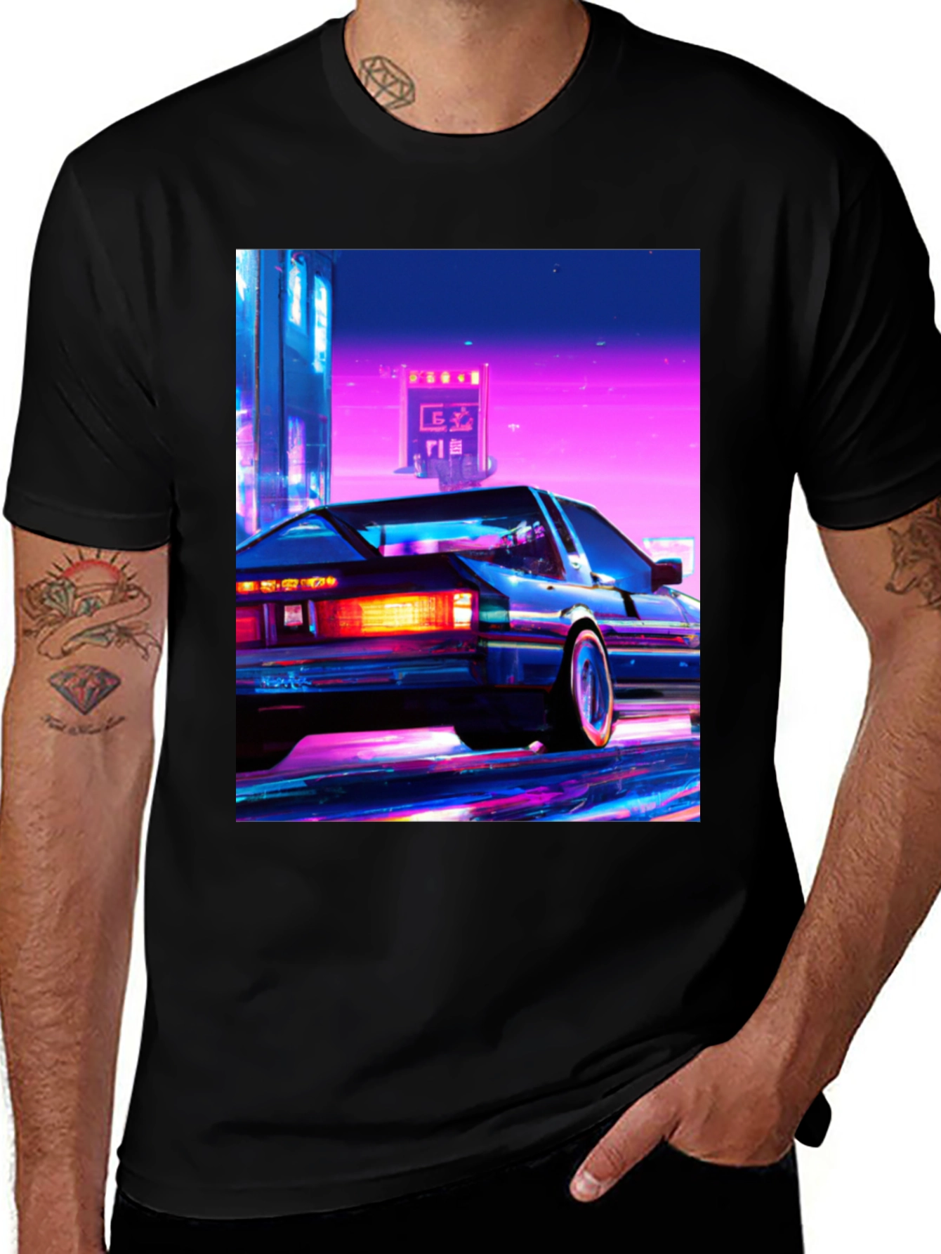 Retro Car Black T-Shirt - Vaporwave Aesthetic