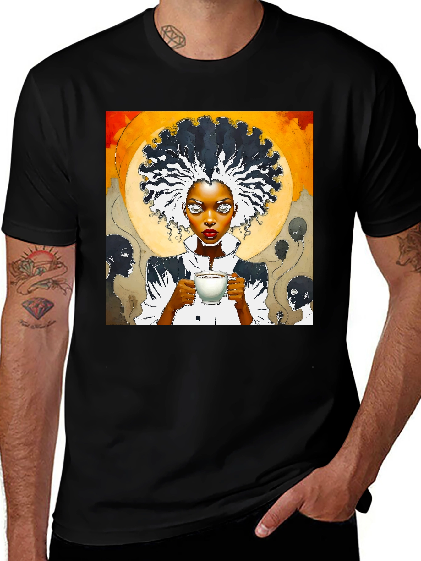 Variant 29 of Artistic Black T-Shirt - Coffee Time Portrait