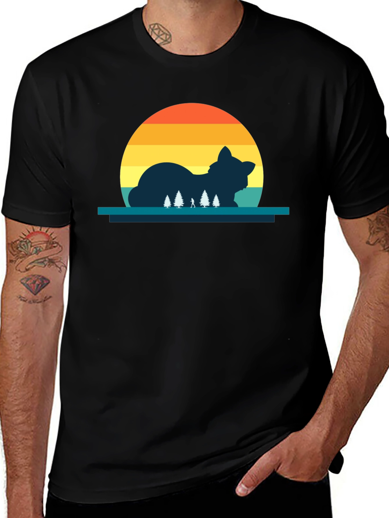 Variant 9 of Cat Sunset Silhouette Black T-Shirt