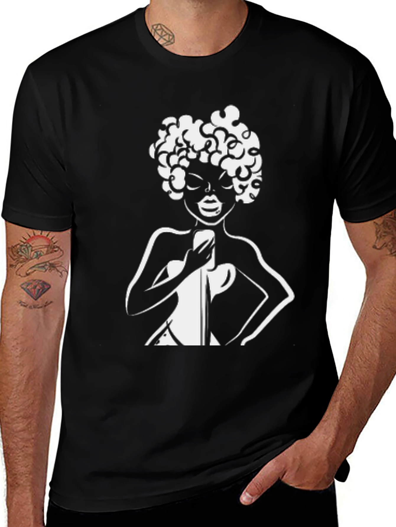 Variant 20 of Retro Afro Singer Graphic Tee - Black Cotton T-Shirt
