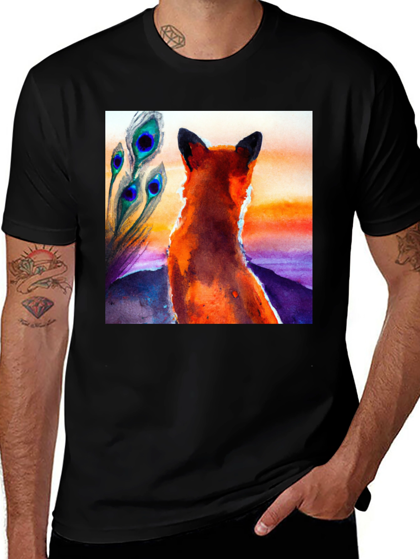 Black Fox & Peacock Feather Graphic Black T-Shirt main image