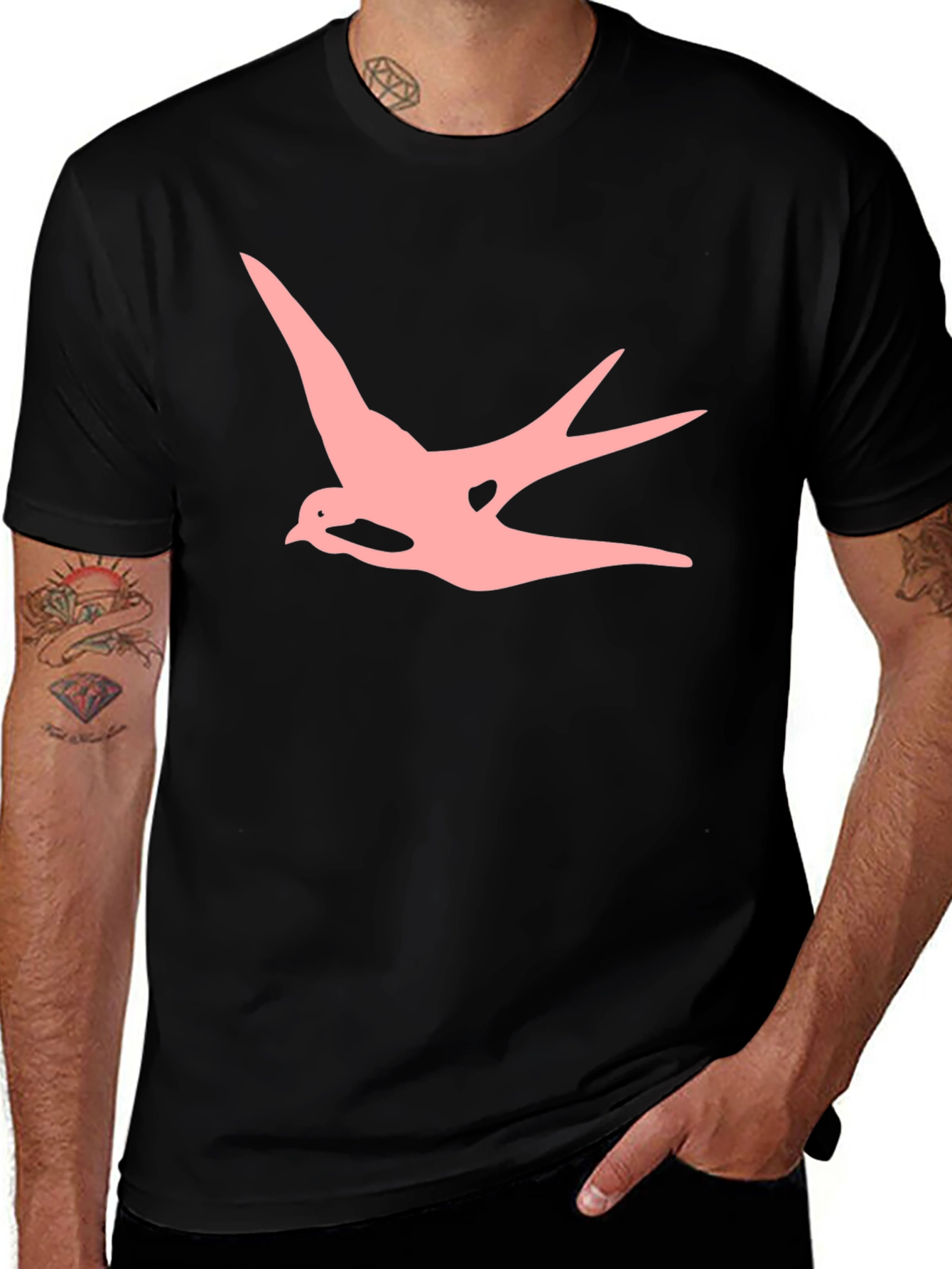 Variant 5 of Men's Black T-shirt with Pink Swallow Graphic