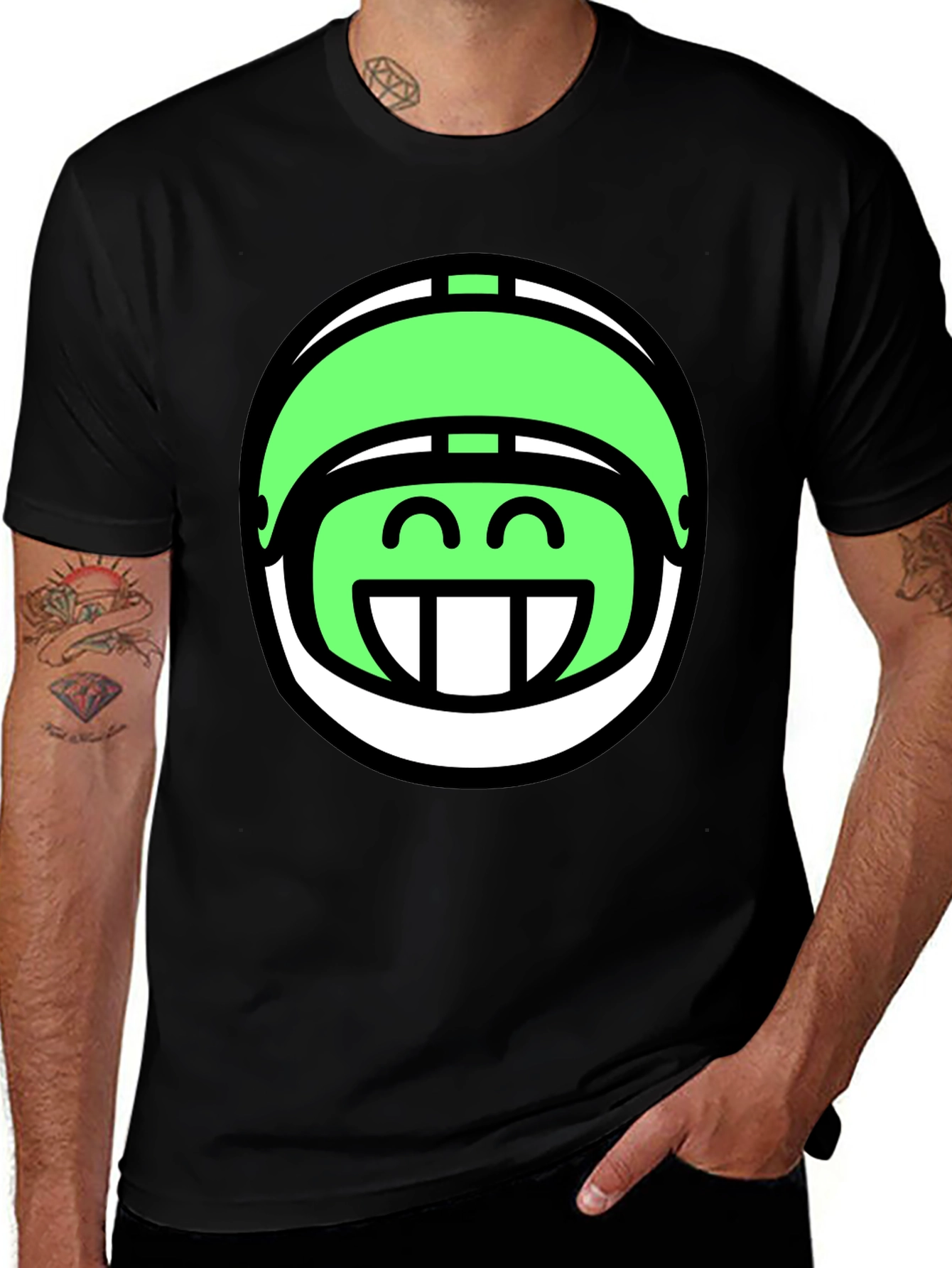 Variant 2 of Funny Green Helmet Graphic Tee - Black Cotton T-Shirt