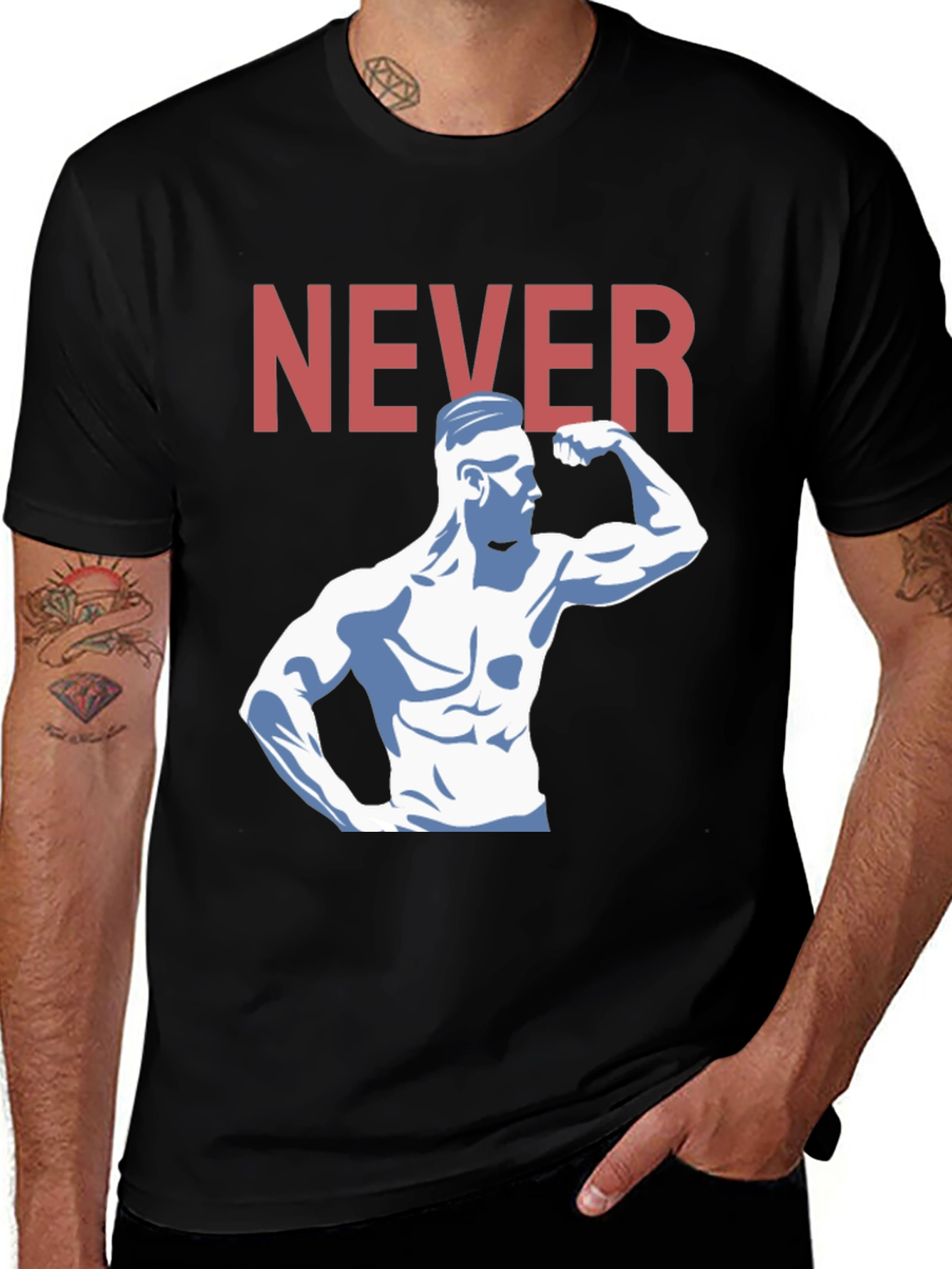 Variant 14 of Never Muscle Man Black T-Shirt - Motivational Graphic Tee