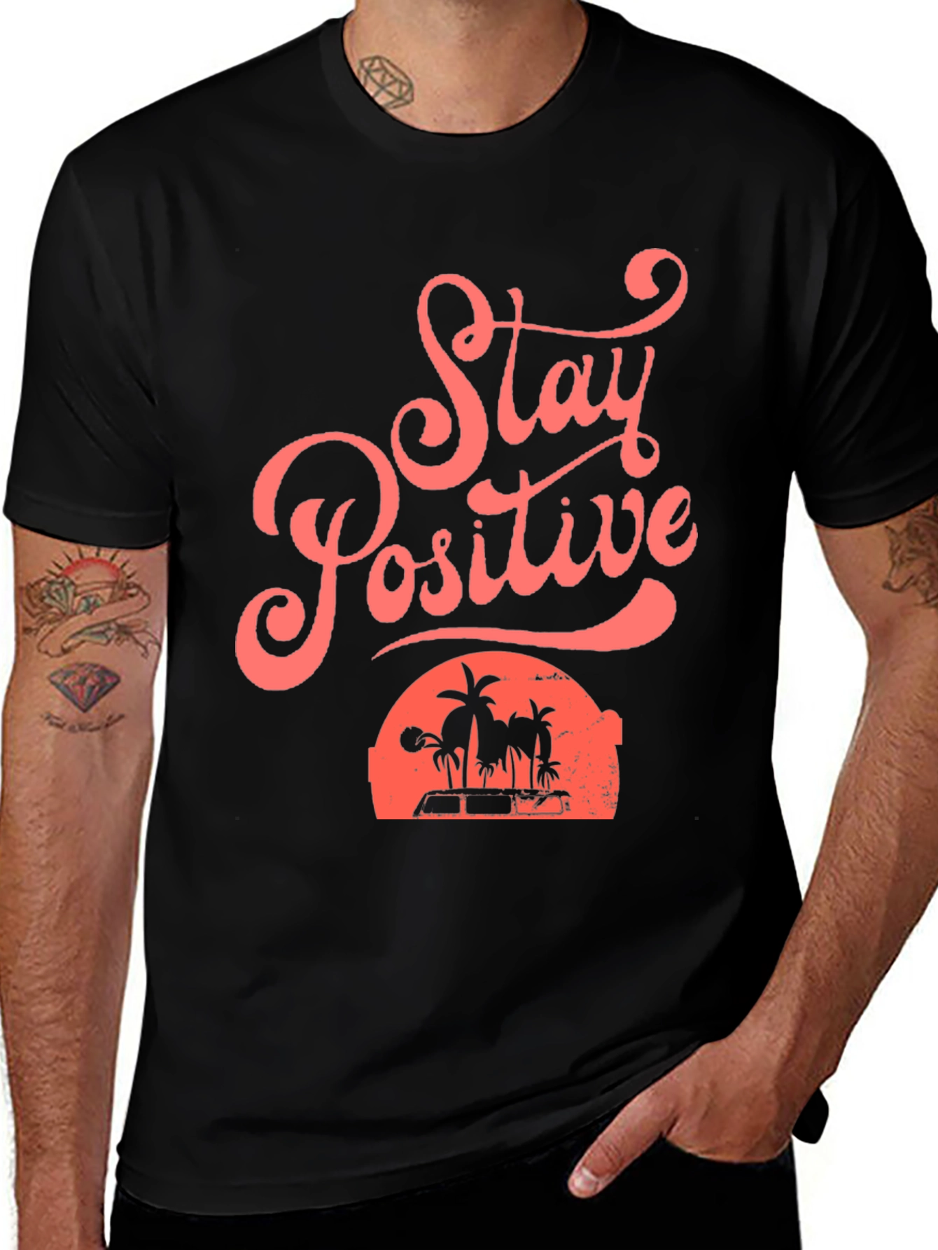 Variant 26 of Stay Positive Beach Graphic Tee - Men's Black T-Shirt
