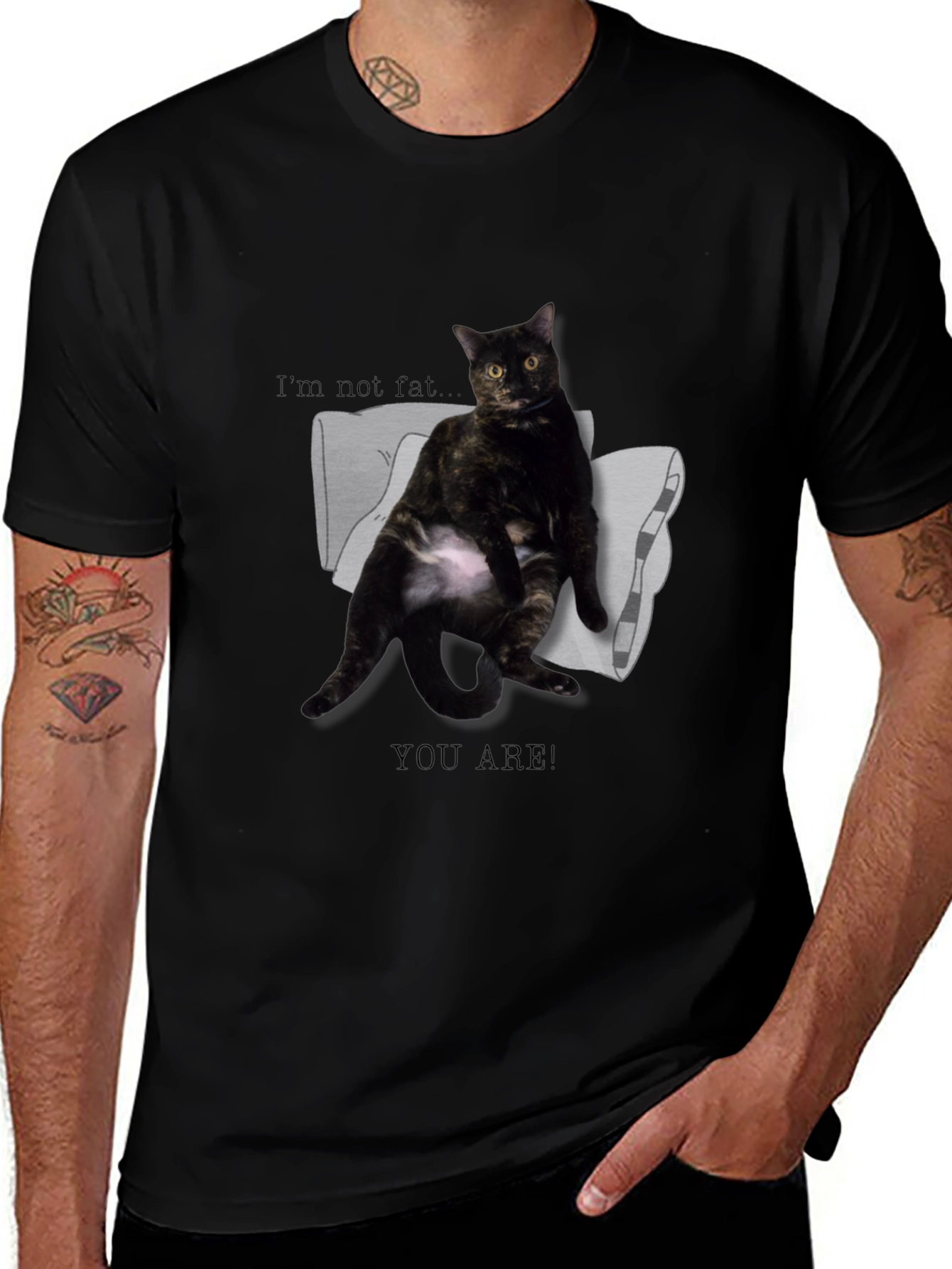 Variant 22 of Funny Cat Graphic Tee - "I'm Not Fat, You Are!" Black Cotton T-Shirt