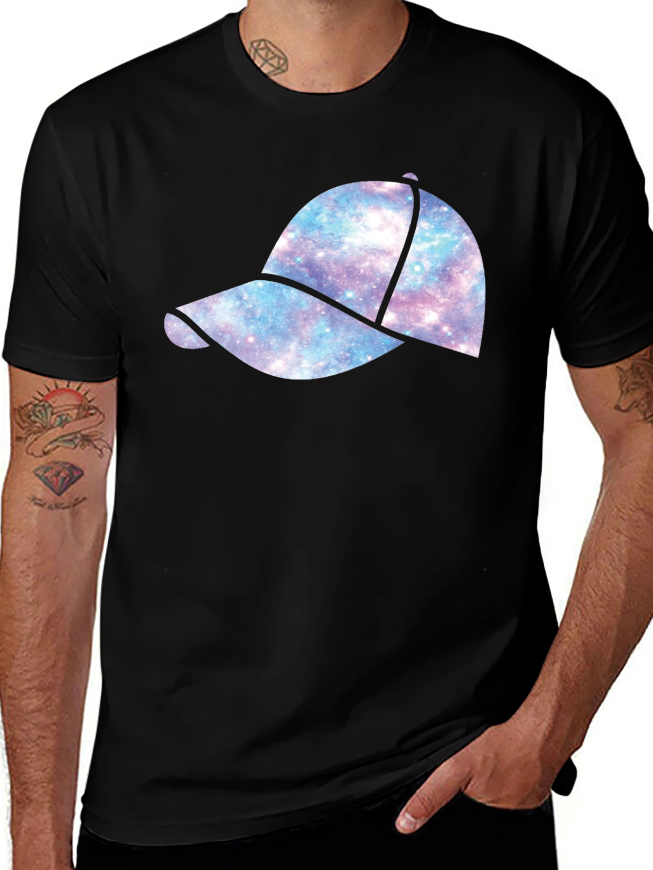Variant 18 of Galaxy Hat Graphic Tee - Black Casual T-Shirt