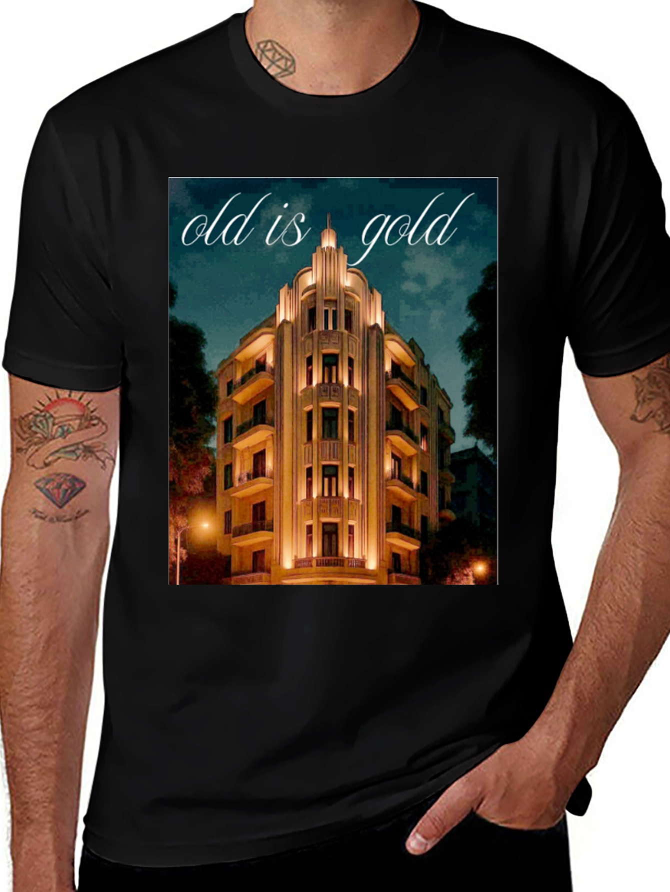 Variant 7 of Old is Gold Building Graphic Tee - Classic Style